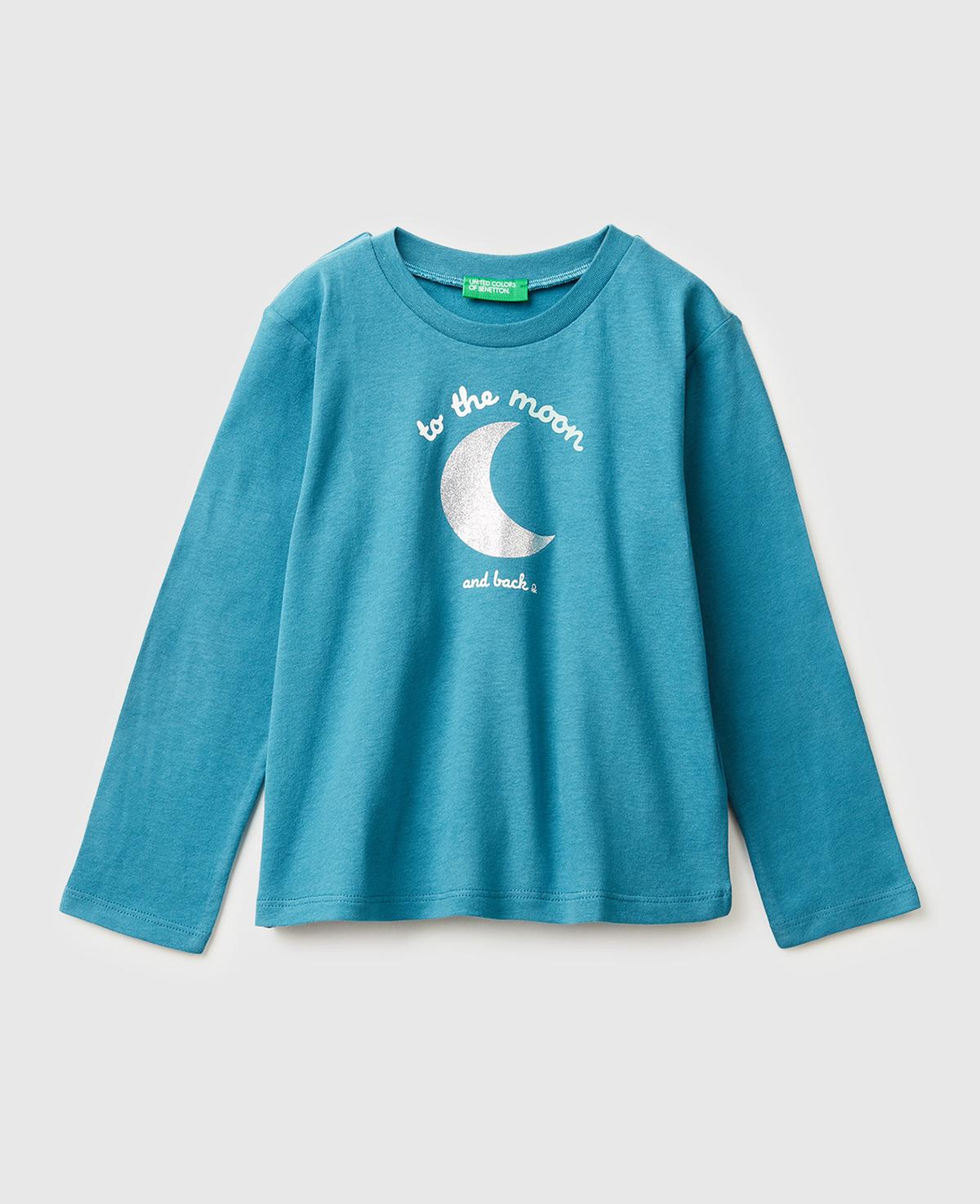Kız Çocuk Petrol Mavisi Simli Baskılı Bisiklet Yaka Regular Fit Uzun Kollu T-shirt