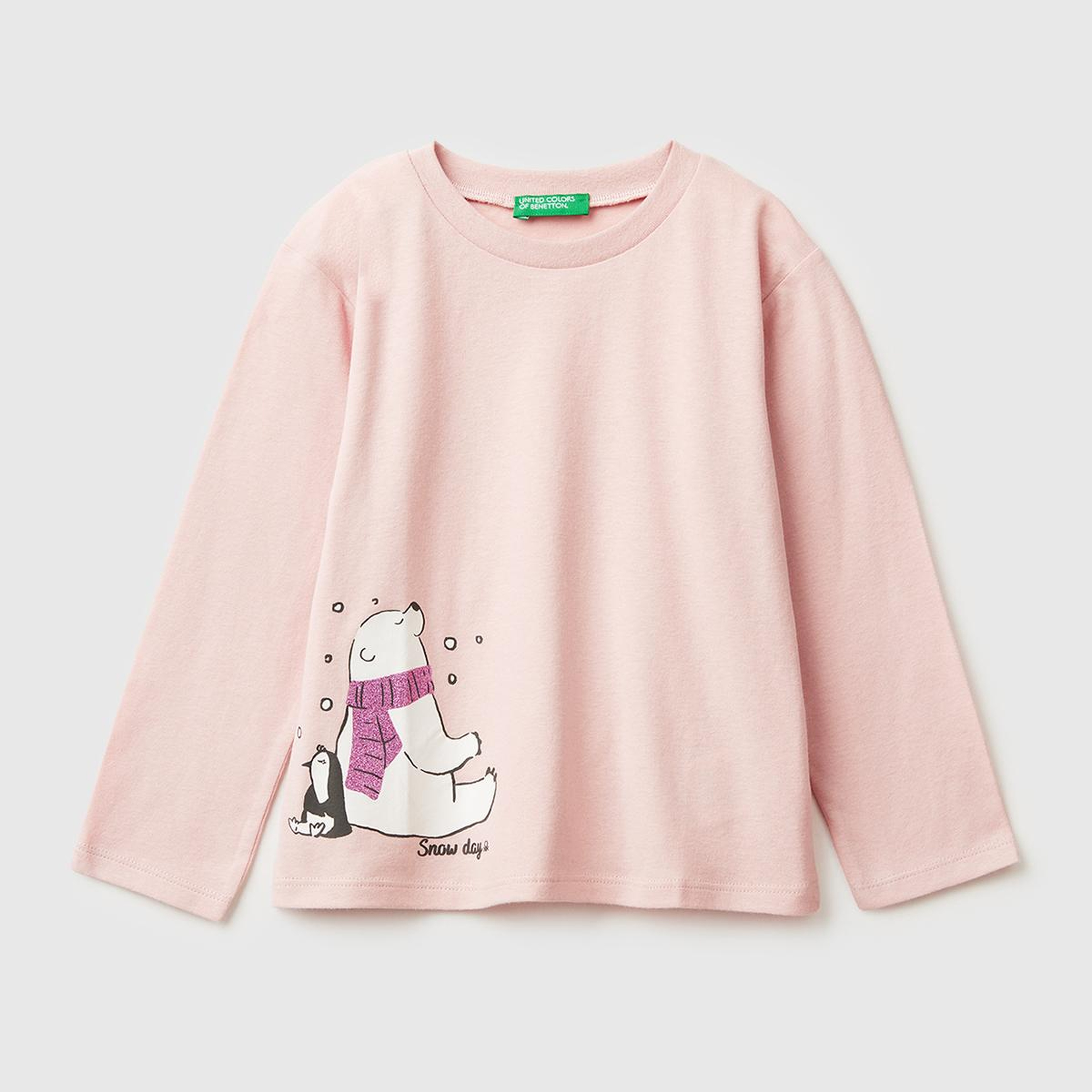 Kız Çocuk Toz Pembe Simli Baskılı Bisiklet Yaka Regular Fit Uzun Kollu T-shirt