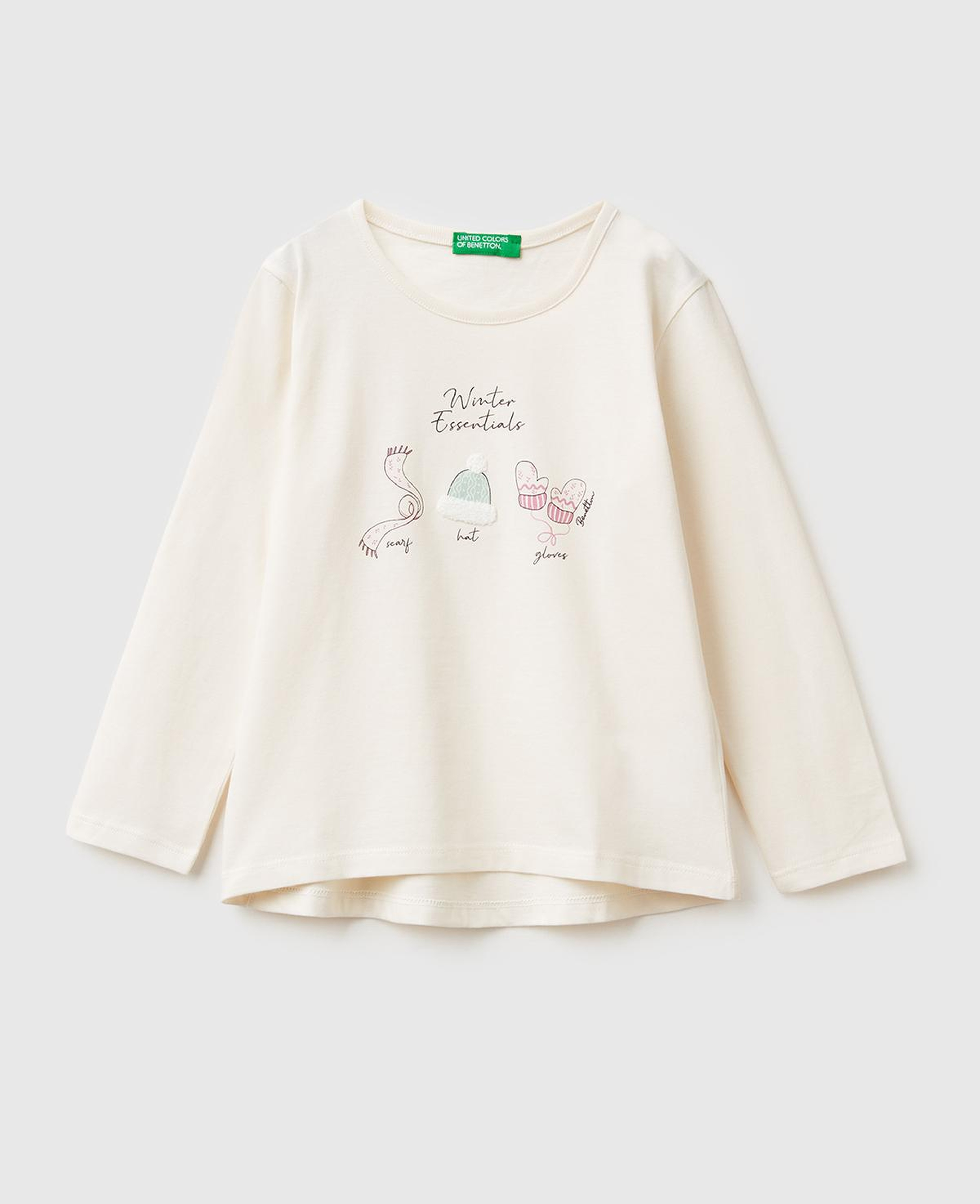 Kız Çocuk Ekru Önü Baskılı Arkası Uzun Bisiklet Yaka Uzun Kollu T-shirt
