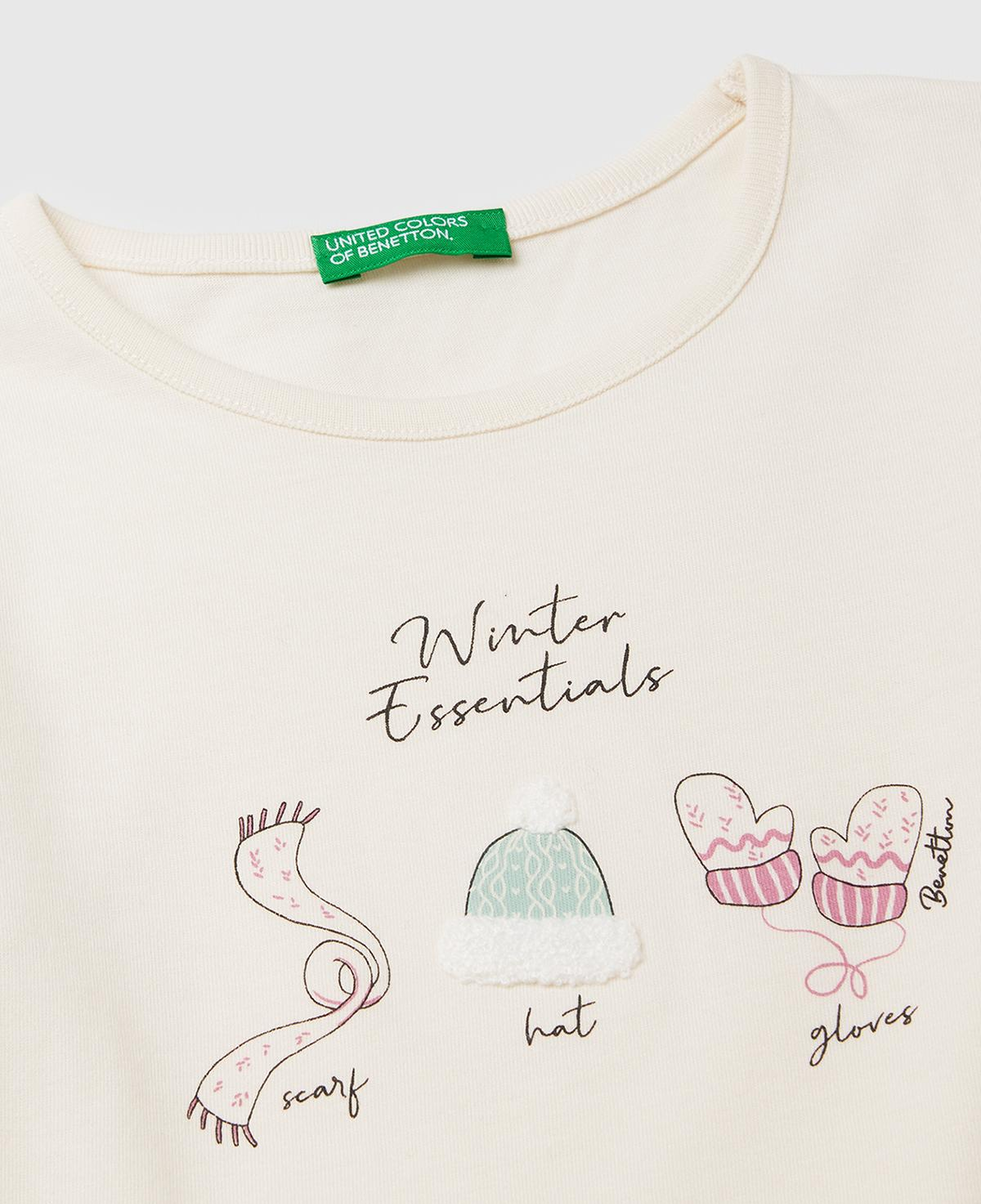 Kız Çocuk Ekru Önü Baskılı Arkası Uzun Bisiklet Yaka Uzun Kollu T-shirt