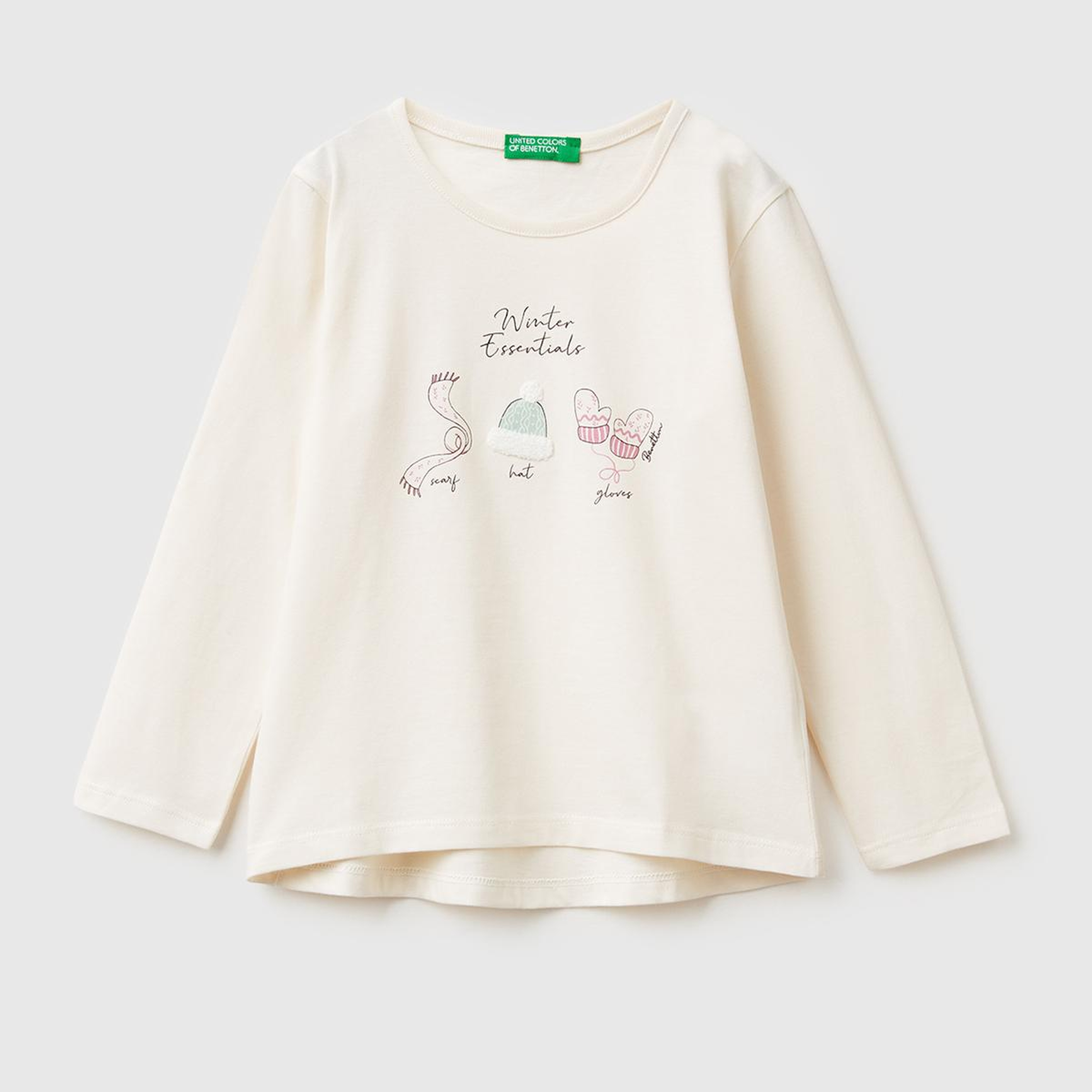 Kız Çocuk Ekru Önü Baskılı Arkası Uzun Bisiklet Yaka Uzun Kollu T-shirt