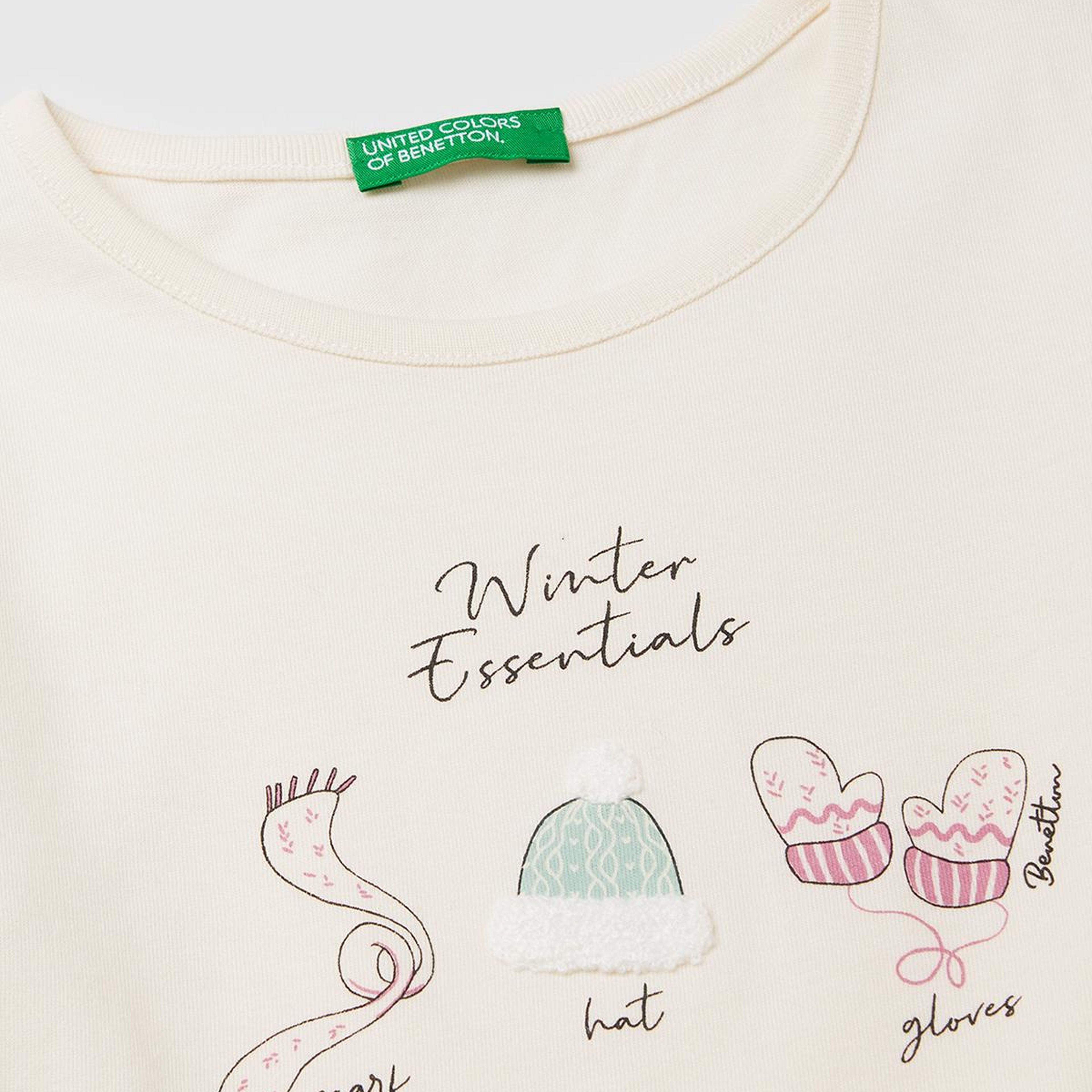 Kız Çocuk Ekru Önü Baskılı Arkası Uzun Bisiklet Yaka Uzun Kollu T-shirt