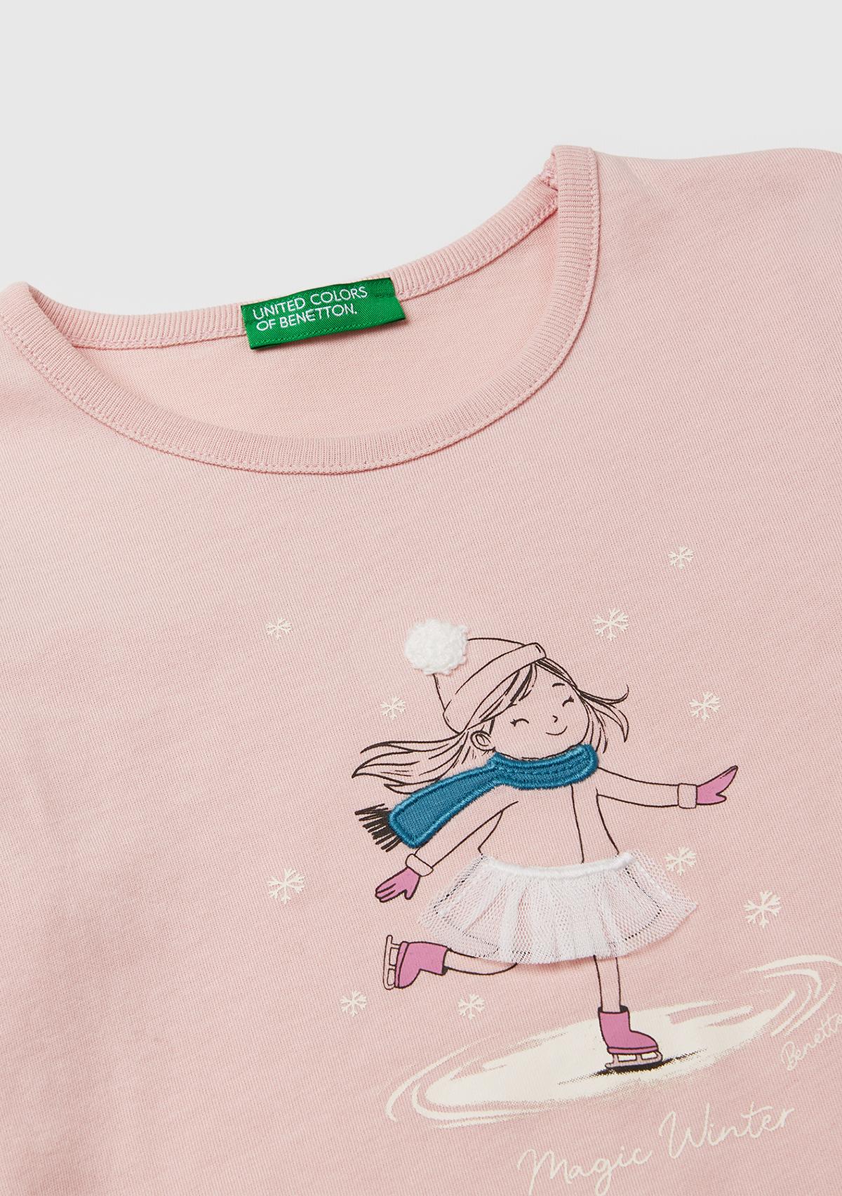 Kız Çocuk Toz Pembe Önü Baskılı Arkası Uzun Bisiklet Yaka Uzun Kollu T-shirt