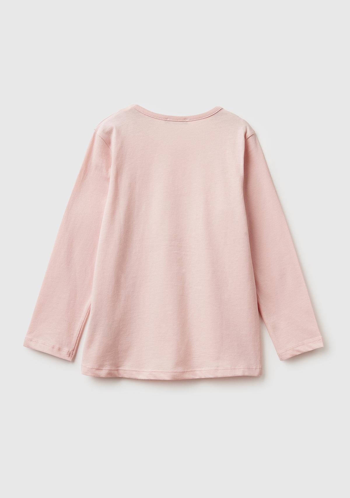 Kız Çocuk Toz Pembe Önü Baskılı Arkası Uzun Bisiklet Yaka Uzun Kollu T-shirt