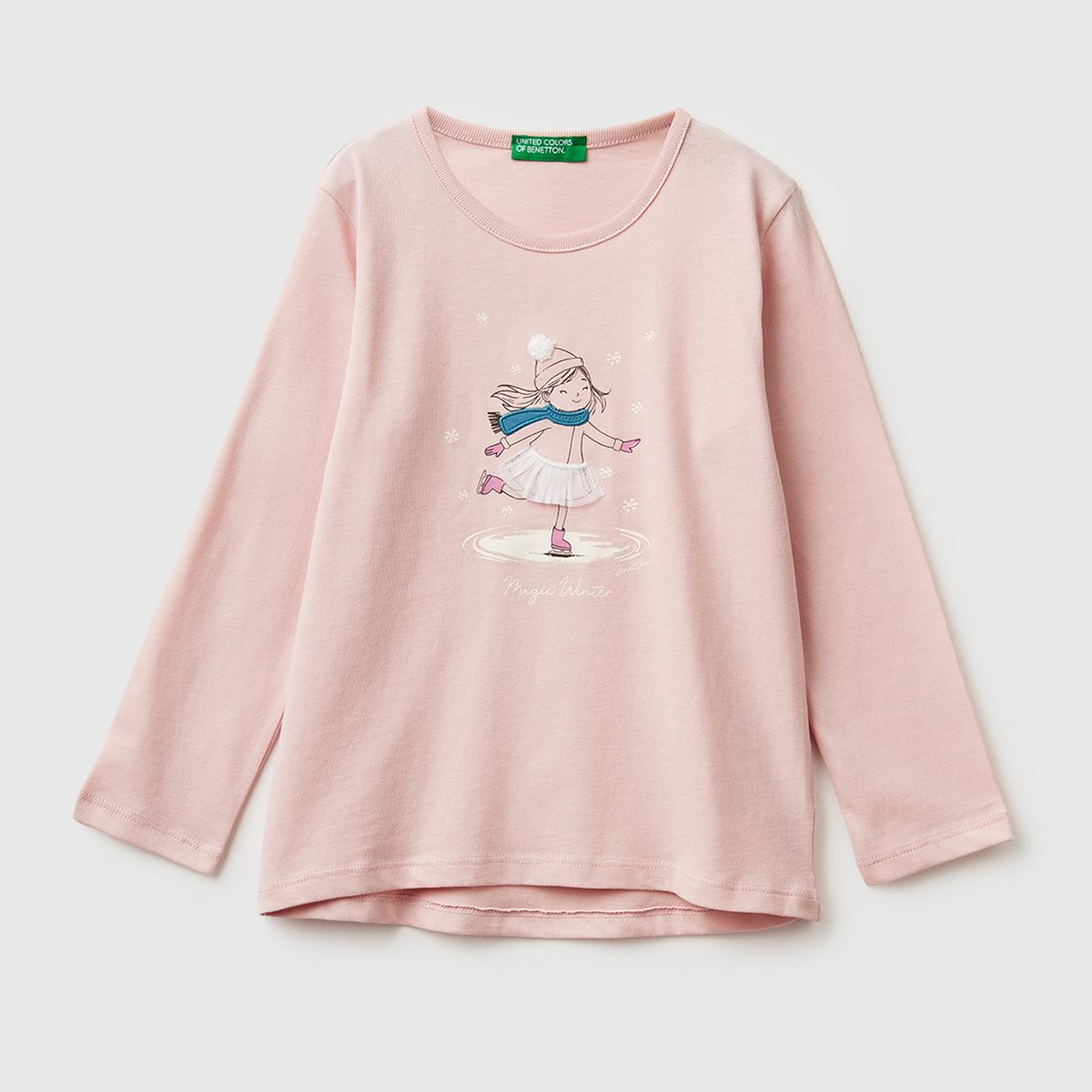 Kız Çocuk Toz Pembe Önü Baskılı Arkası Uzun Bisiklet Yaka Uzun Kollu T-shirt