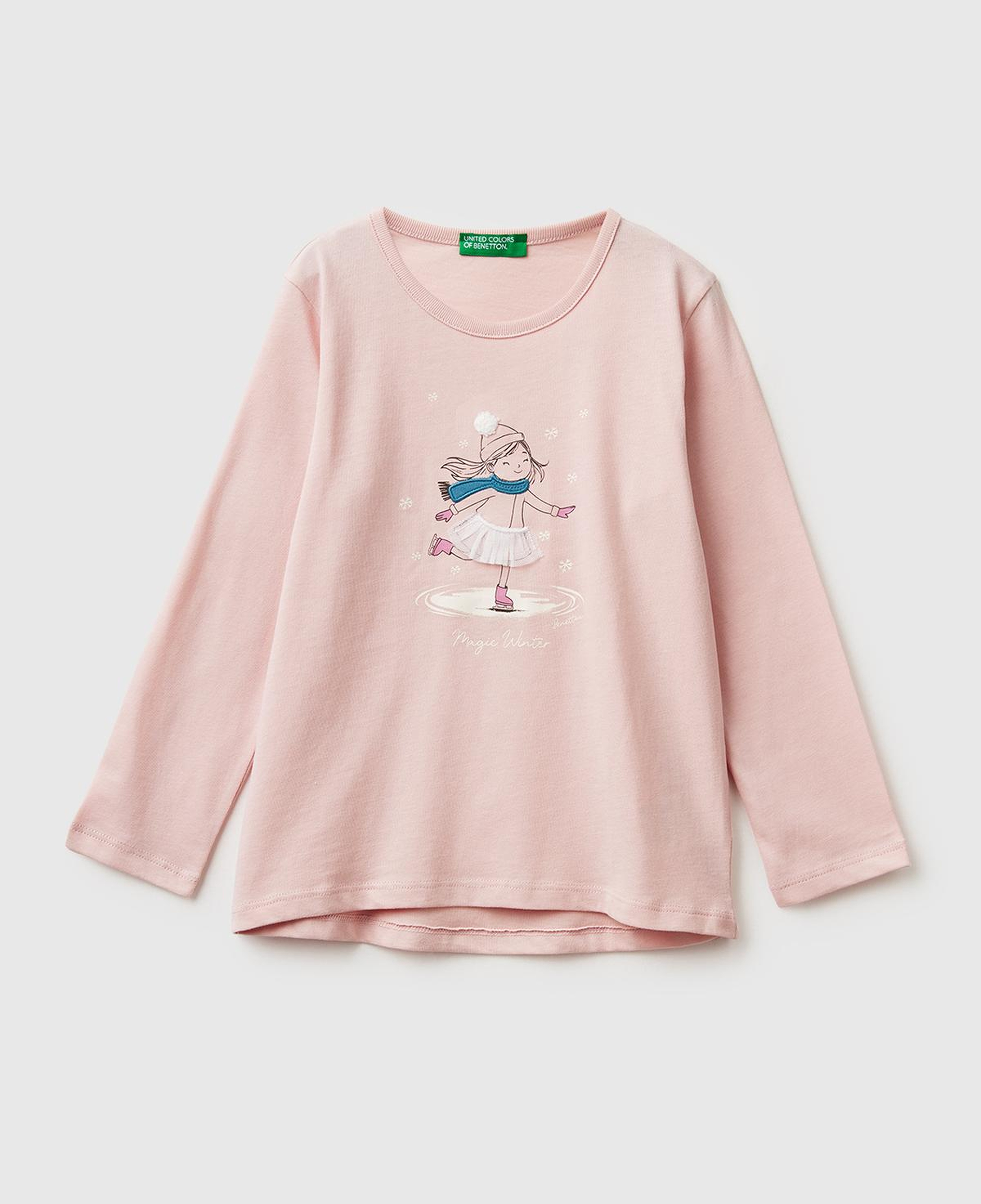 Kız Çocuk Toz Pembe Önü Baskılı Arkası Uzun Bisiklet Yaka Uzun Kollu T-shirt