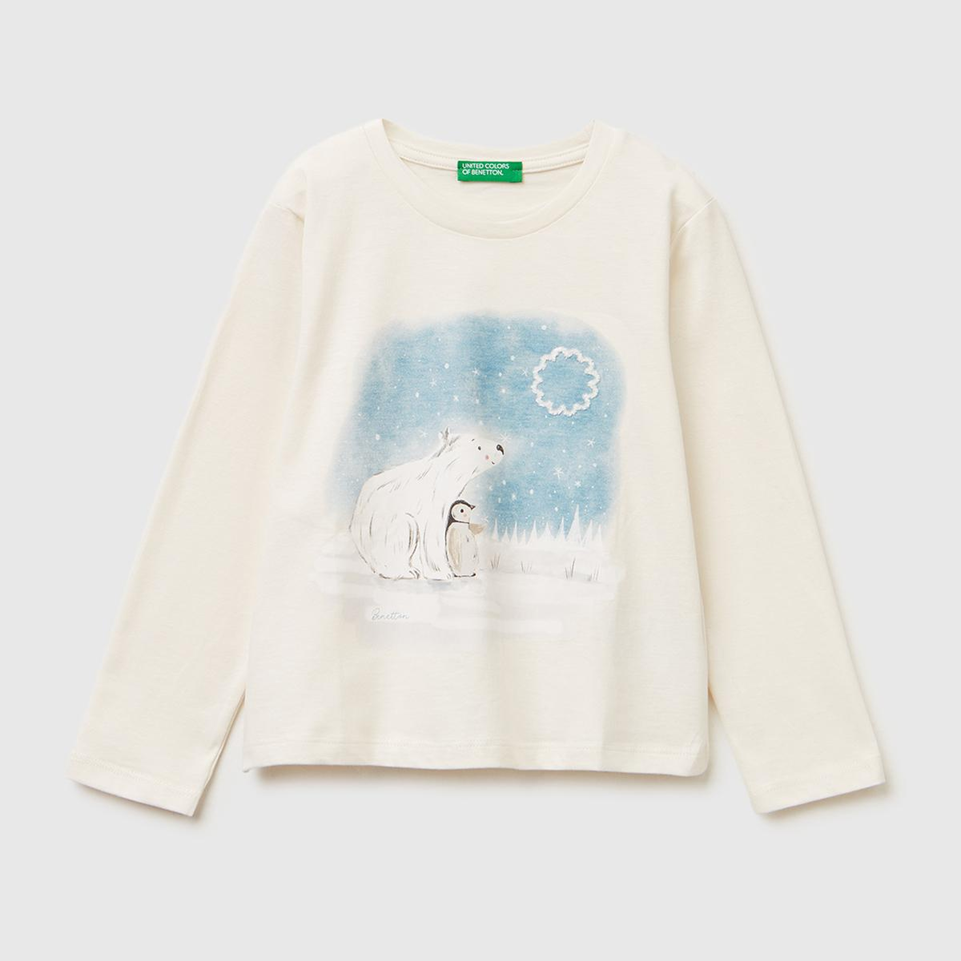 Kız Çocuk Ekru Önü Baskılı Hafif Kloş Bisiklet Yaka Uzun Kollu T-shirt