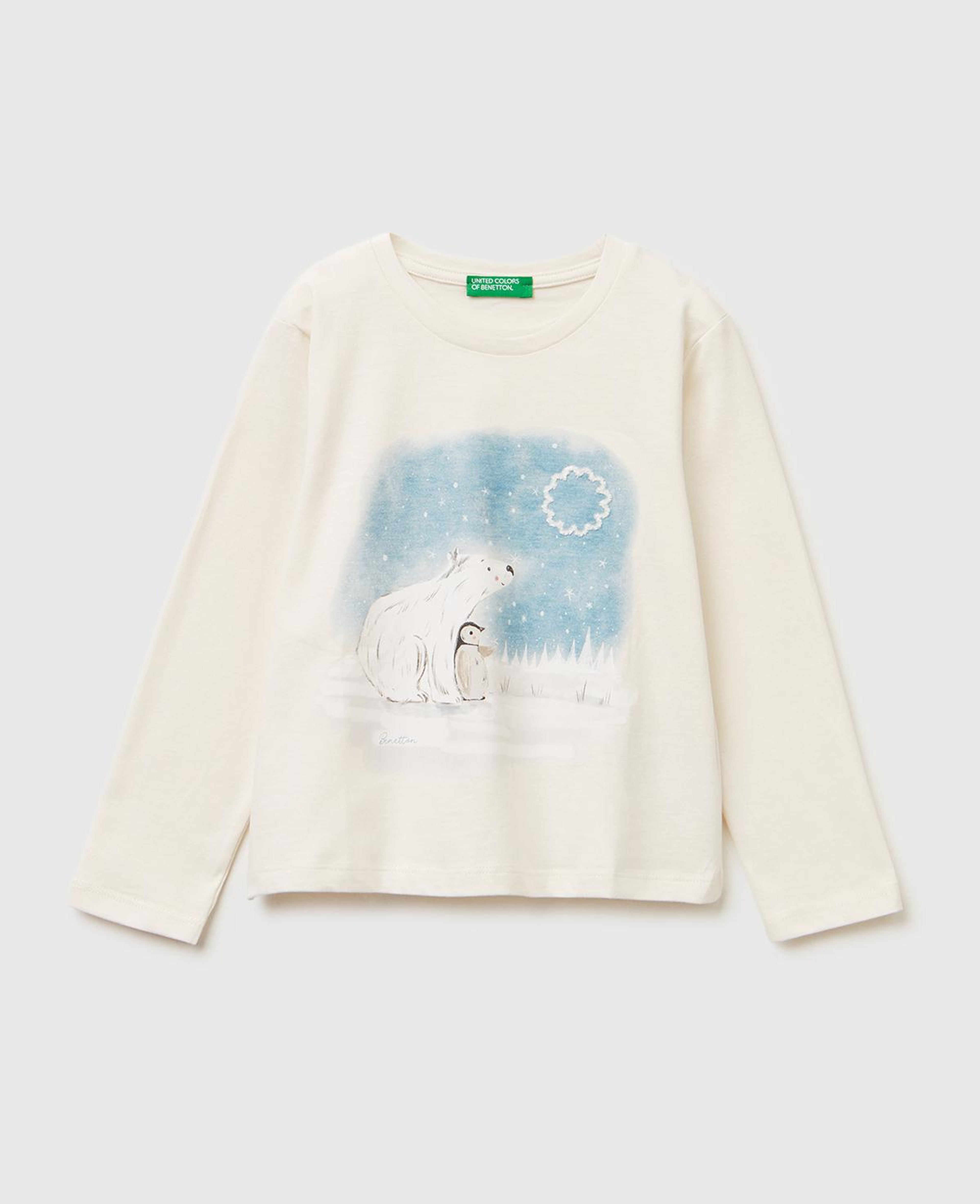Kız Çocuk Ekru Önü Baskılı Hafif Kloş Bisiklet Yaka Uzun Kollu T-shirt