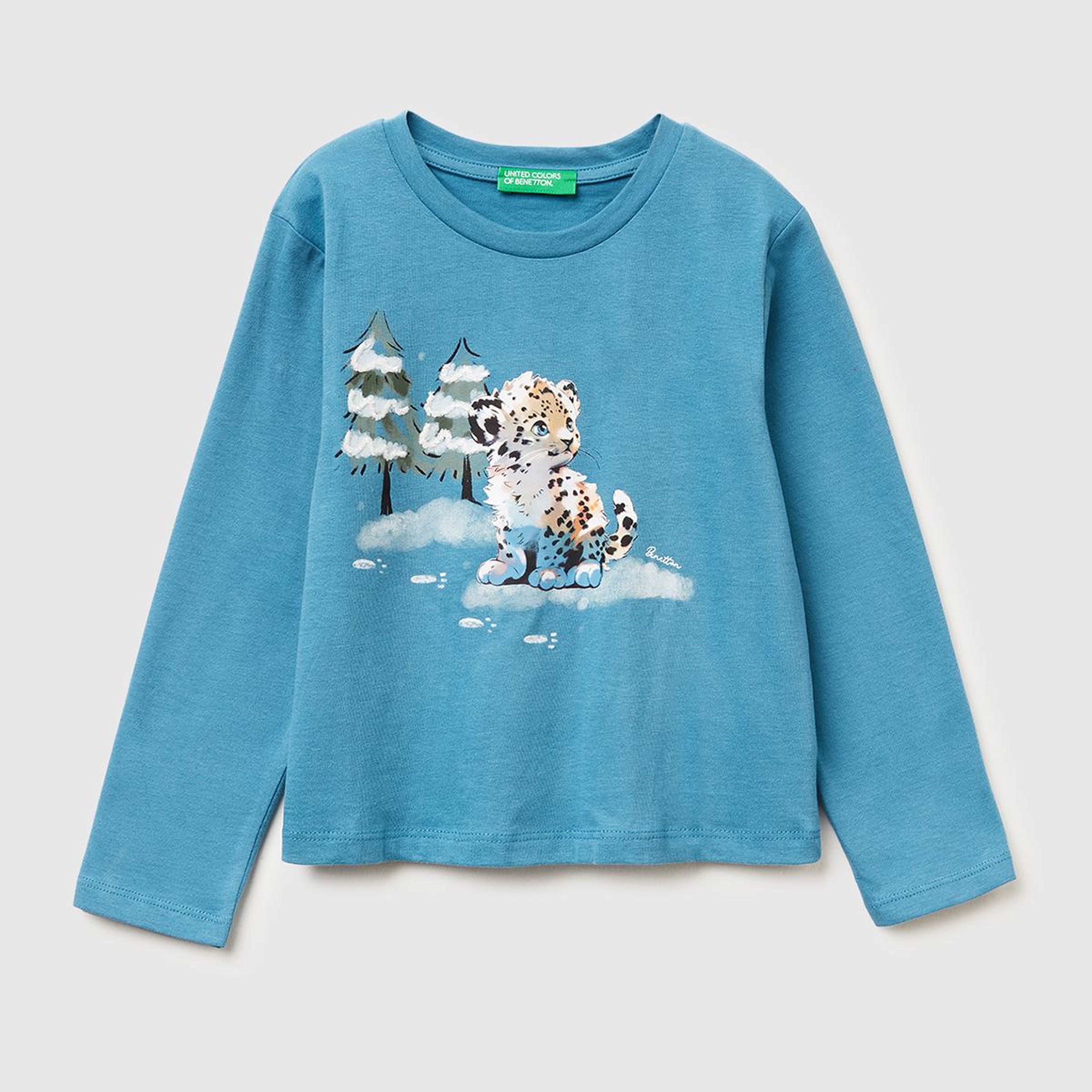 Kız Çocuk Petrol Mavisi Önü Baskılı Hafif Kloş Bisiklet Yaka Uzun Kollu T-shirt