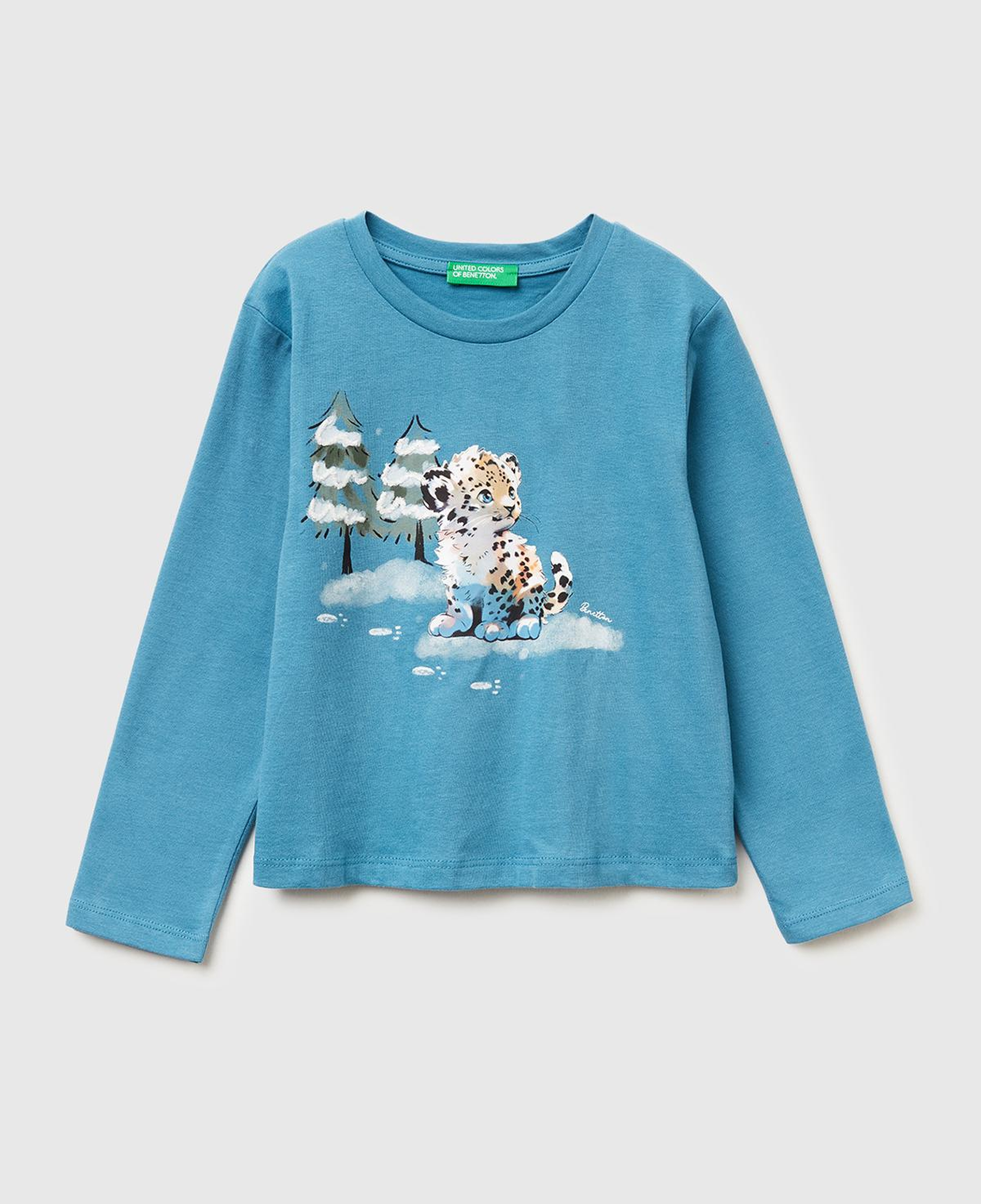 Kız Çocuk Petrol Mavisi Önü Baskılı Hafif Kloş Bisiklet Yaka Uzun Kollu T-shirt