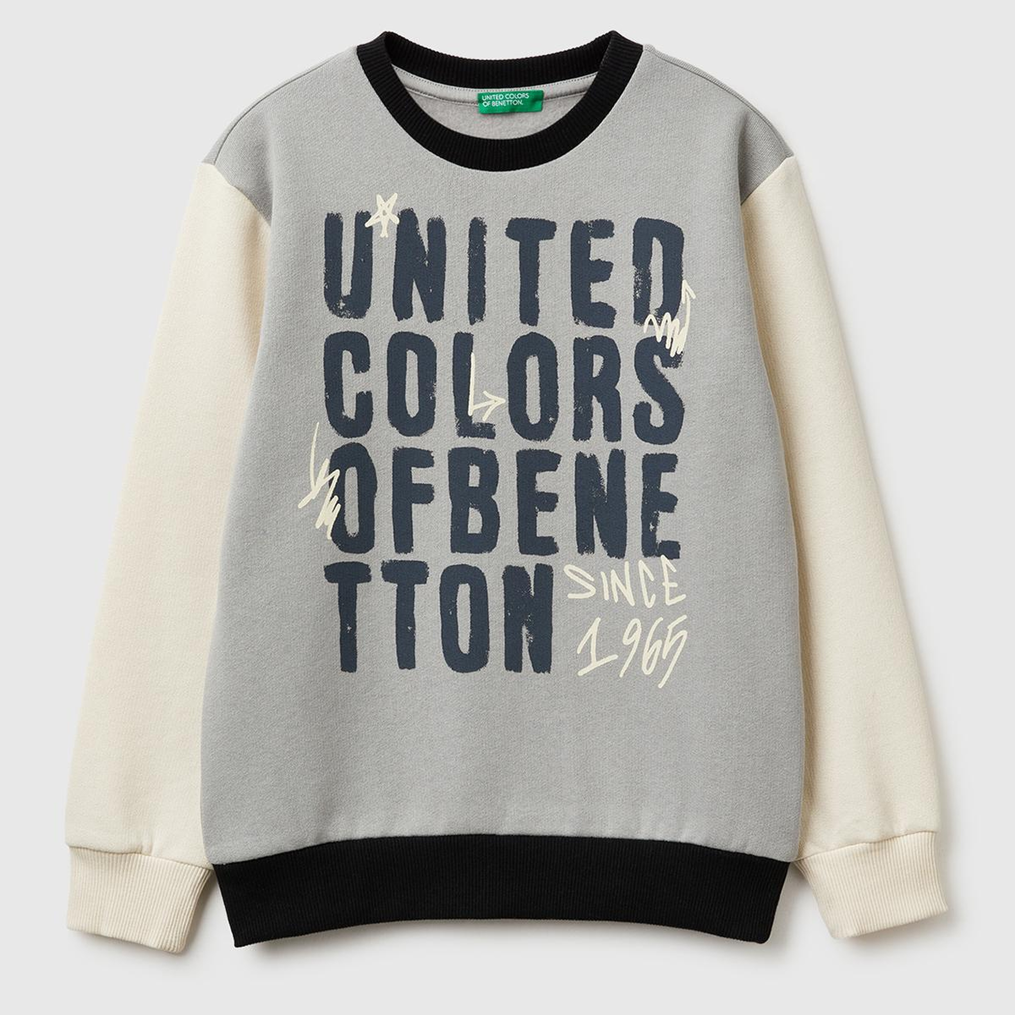 Erkek Çocuk Gri-Krem Önü Logo Baskılı Nervürlü Şardonlu Sweatshirt