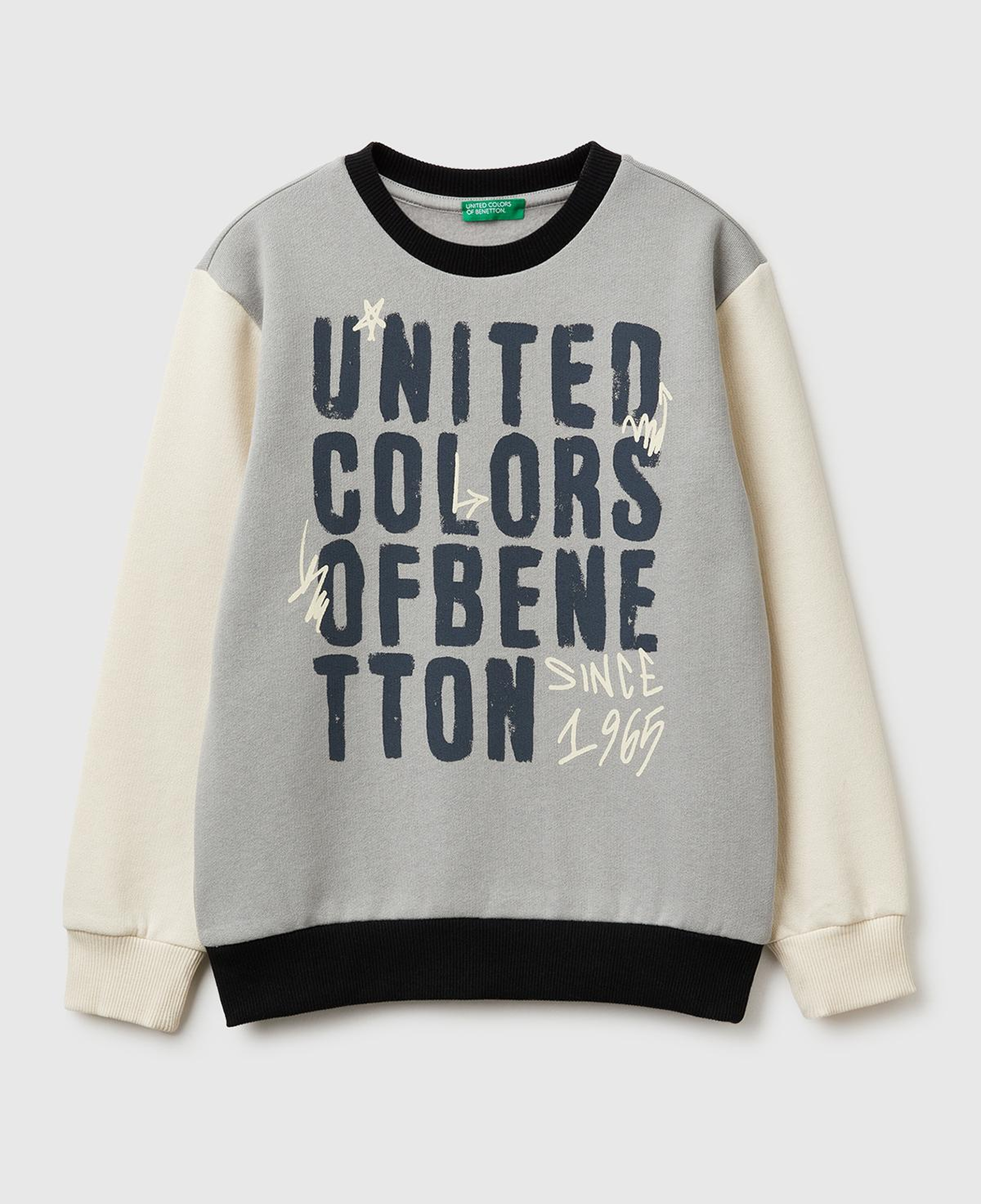 Erkek Çocuk Gri-Krem Önü Logo Baskılı Nervürlü Şardonlu Sweatshirt