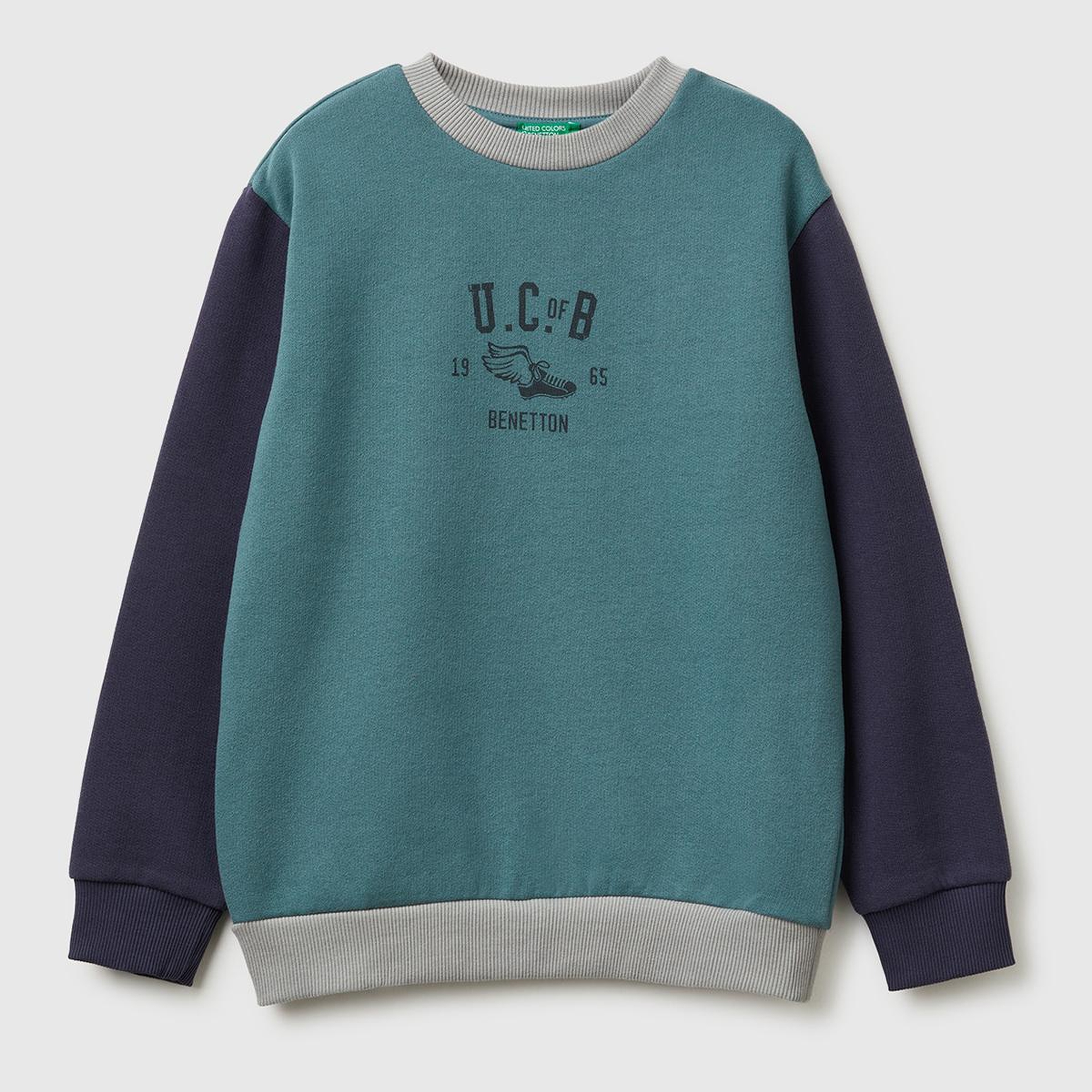 Erkek Çocuk Koyu Yeşil-Gri Önü Logo Baskılı Nervürlü Şardonlu Sweatshirt