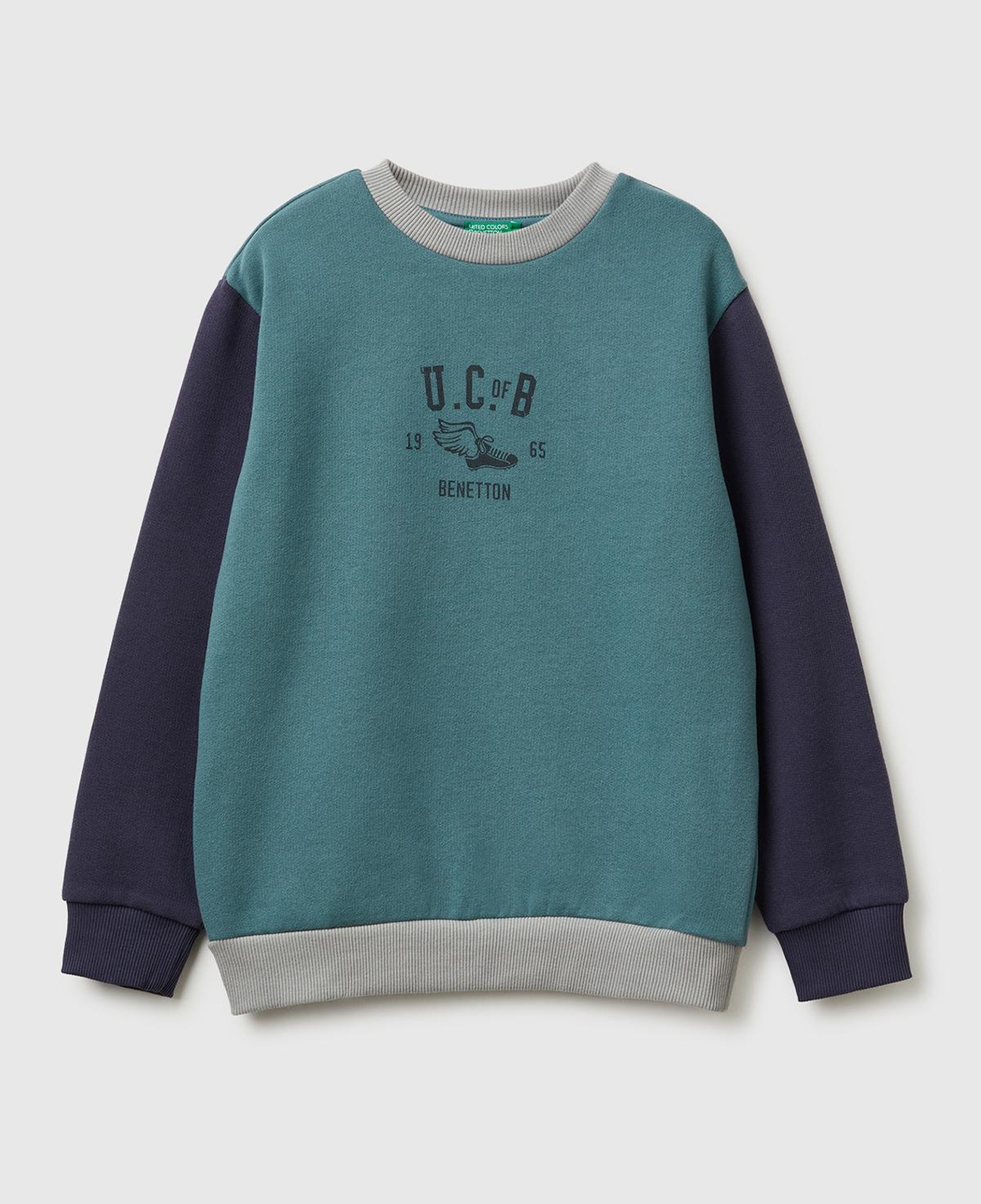 Erkek Çocuk Koyu Yeşil-Gri Önü Logo Baskılı Nervürlü Şardonlu Sweatshirt