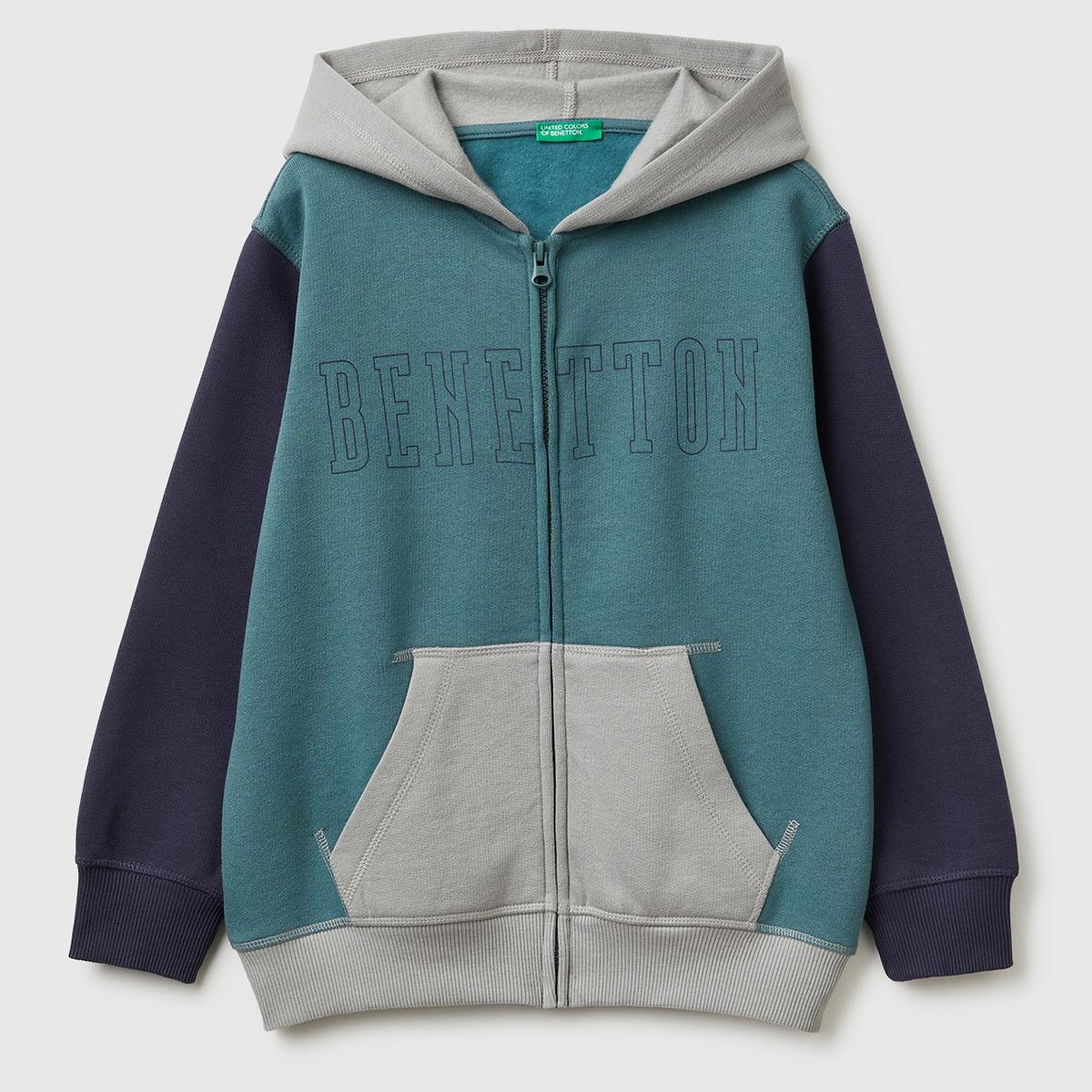Erkek Çocuk Koyu Yeşil-Gri Önü Logo Baskılı Cepli Fermuarlı Şardonlu Sweatshirt