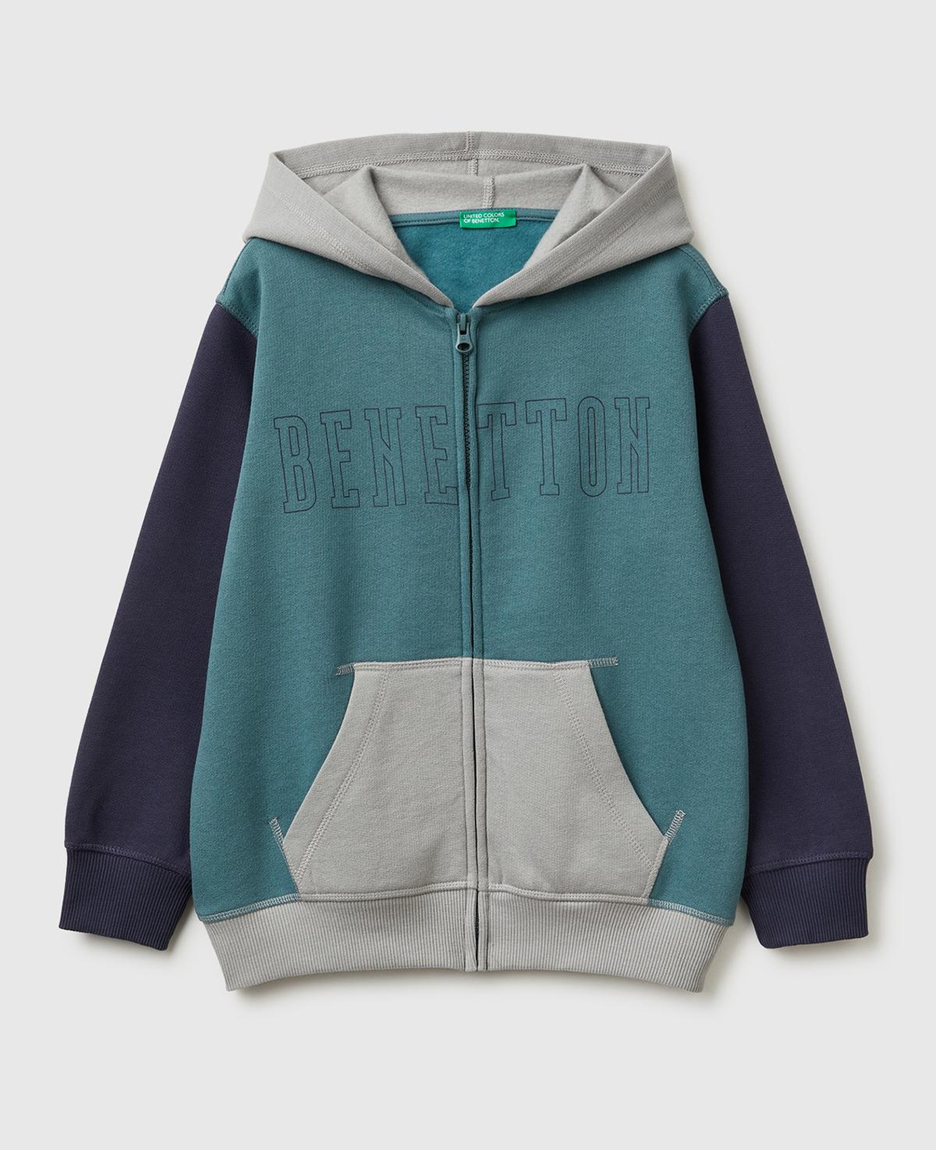 Erkek Çocuk Koyu Yeşil-Gri Önü Logo Baskılı Cepli Fermuarlı Şardonlu Sweatshirt