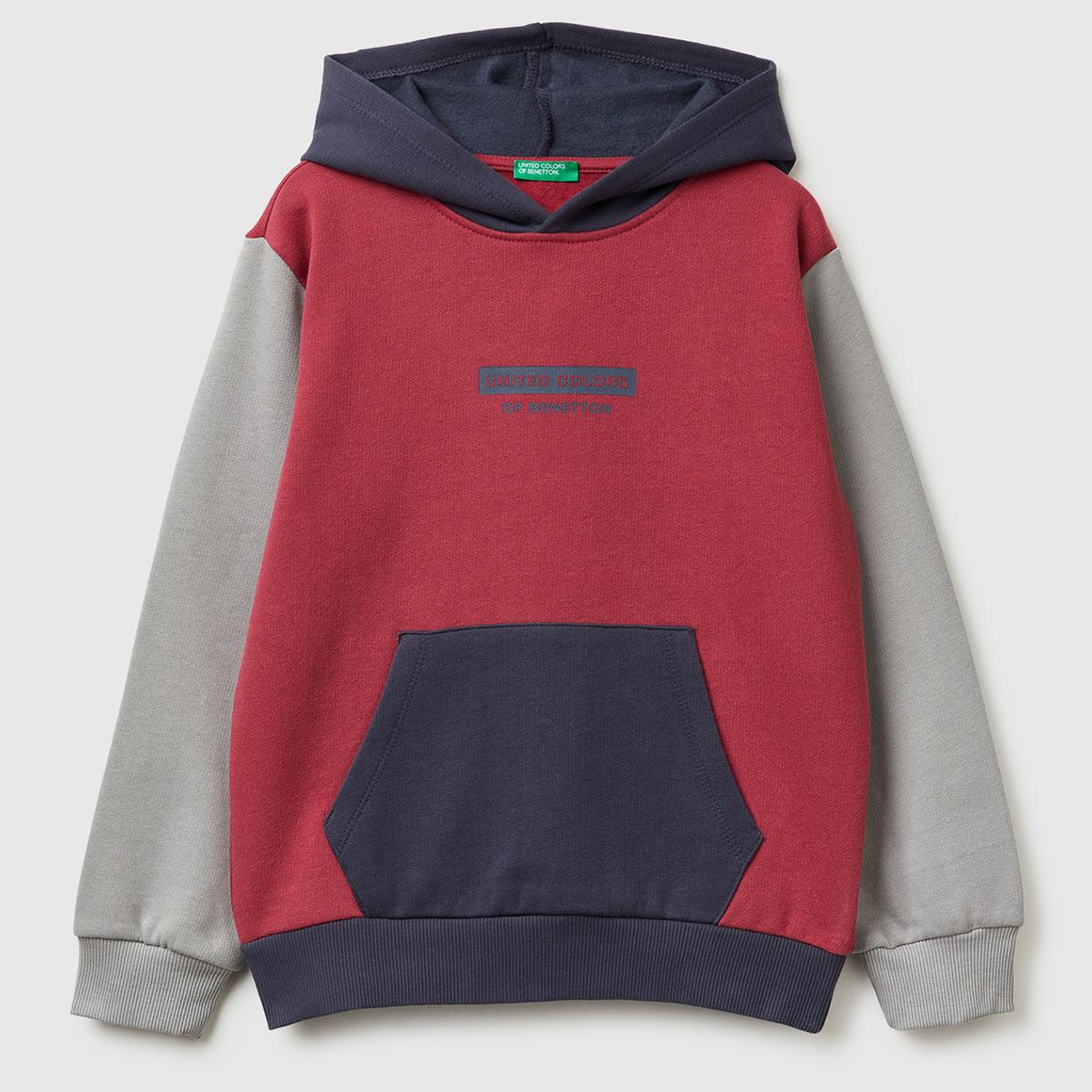 Erkek Çocuk Bordo-Gri Önü Logo Baskılı Cepli Nervürlü Kapüşonlu Sweatshirt