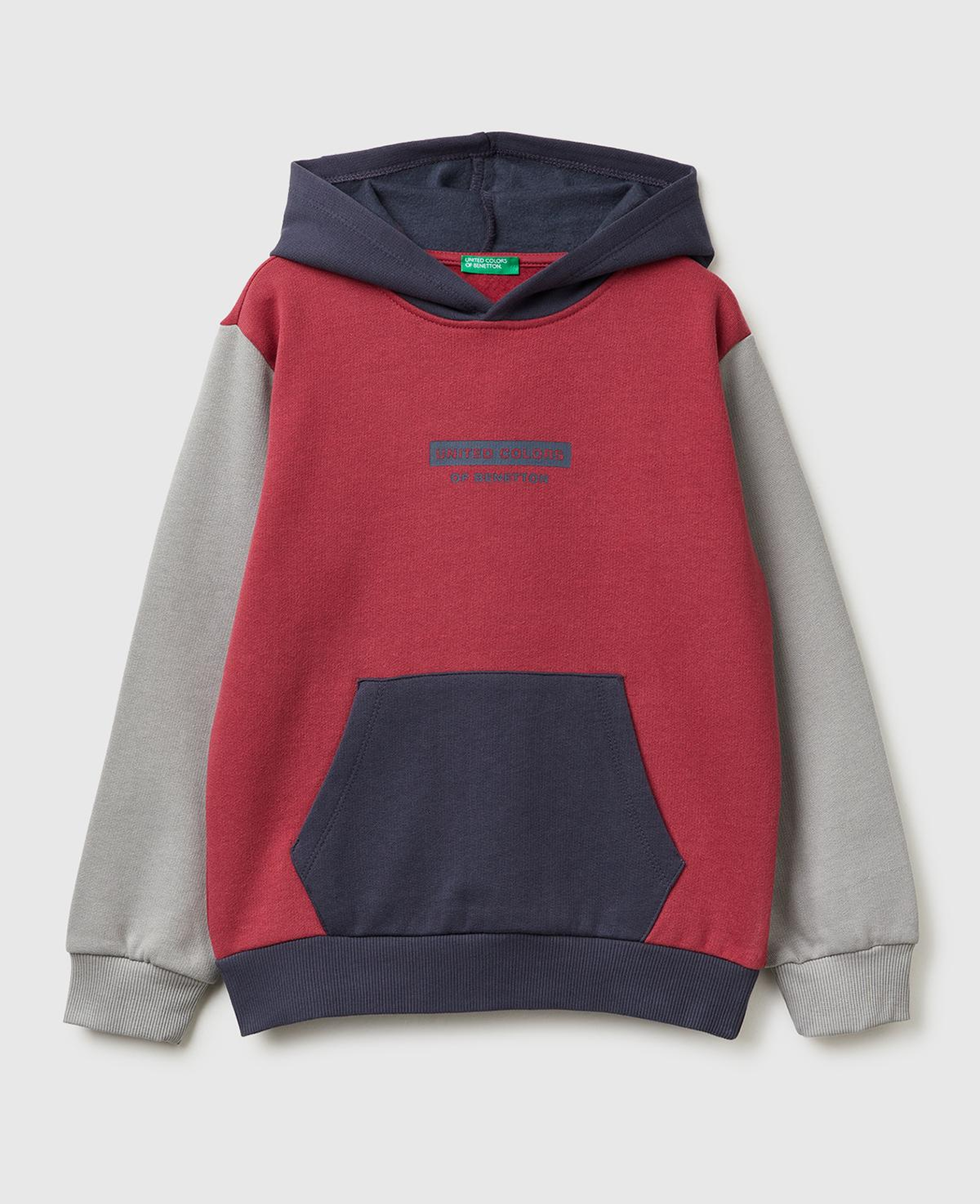Erkek Çocuk Bordo-Gri Önü Logo Baskılı Cepli Nervürlü Kapüşonlu Sweatshirt