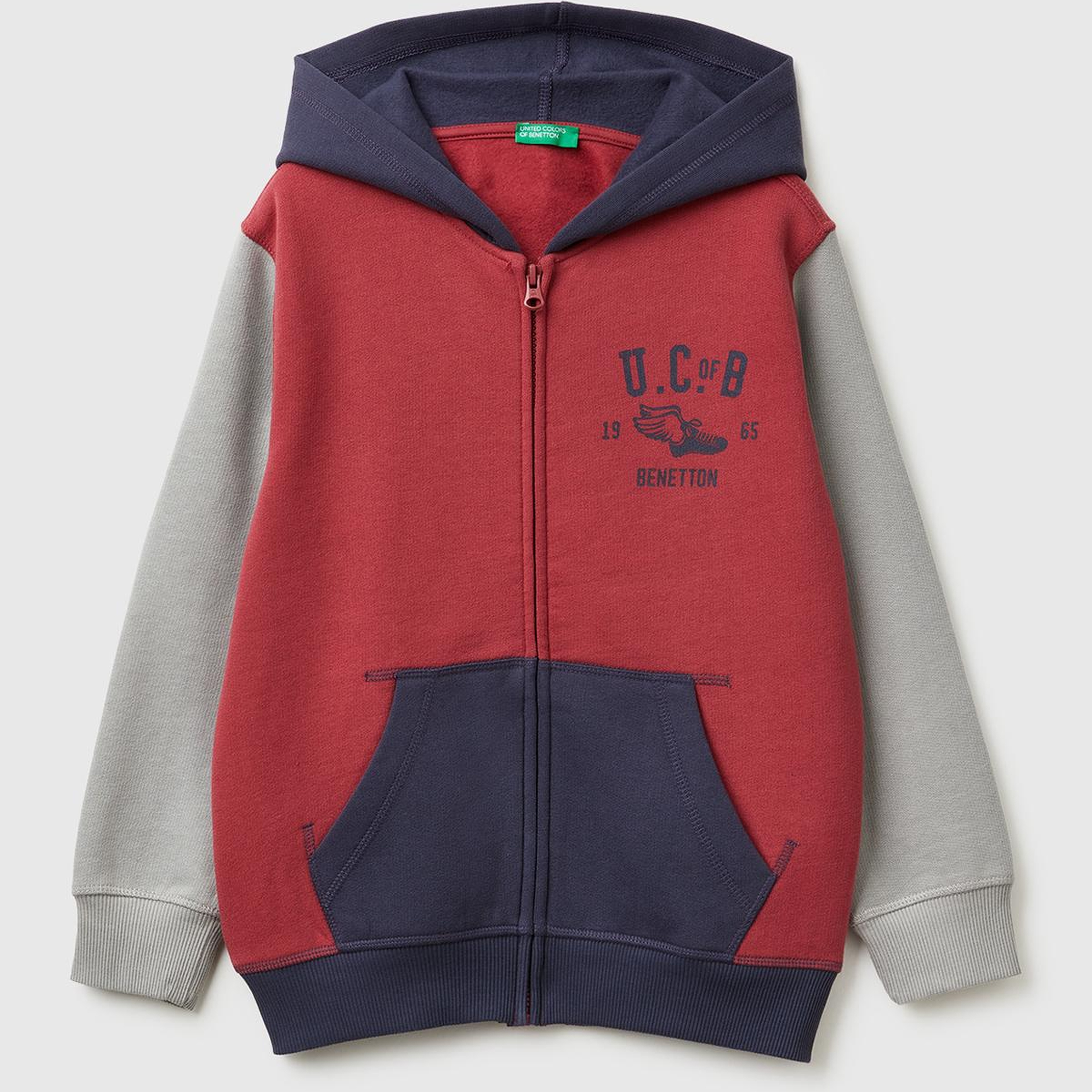 Erkek Çocuk Bordo-Gri Önü Logo Baskılı Cepli Fermuarlı Şardonlu Sweatshirt
