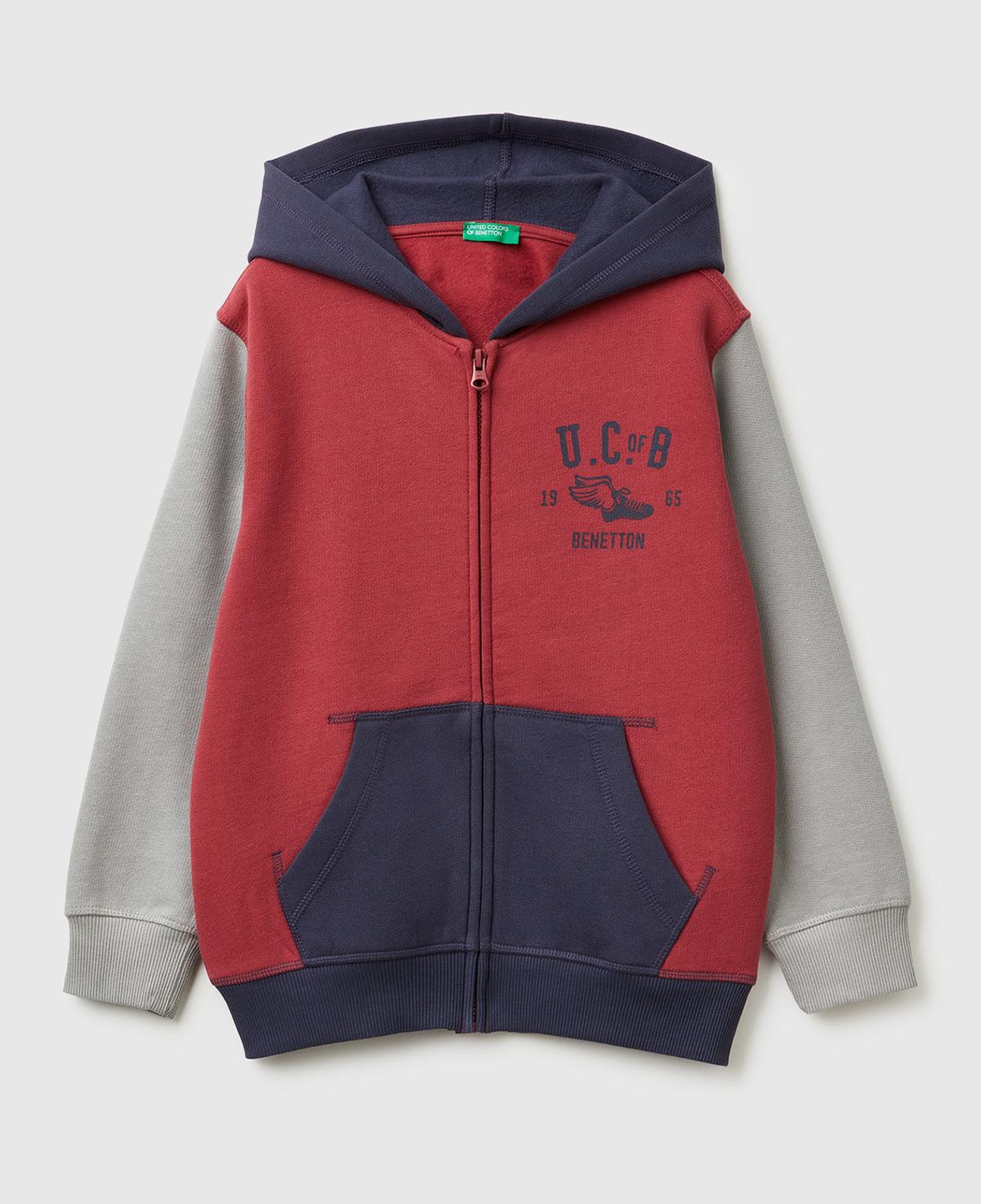 Erkek Çocuk Bordo-Gri Önü Logo Baskılı Cepli Fermuarlı Şardonlu Sweatshirt