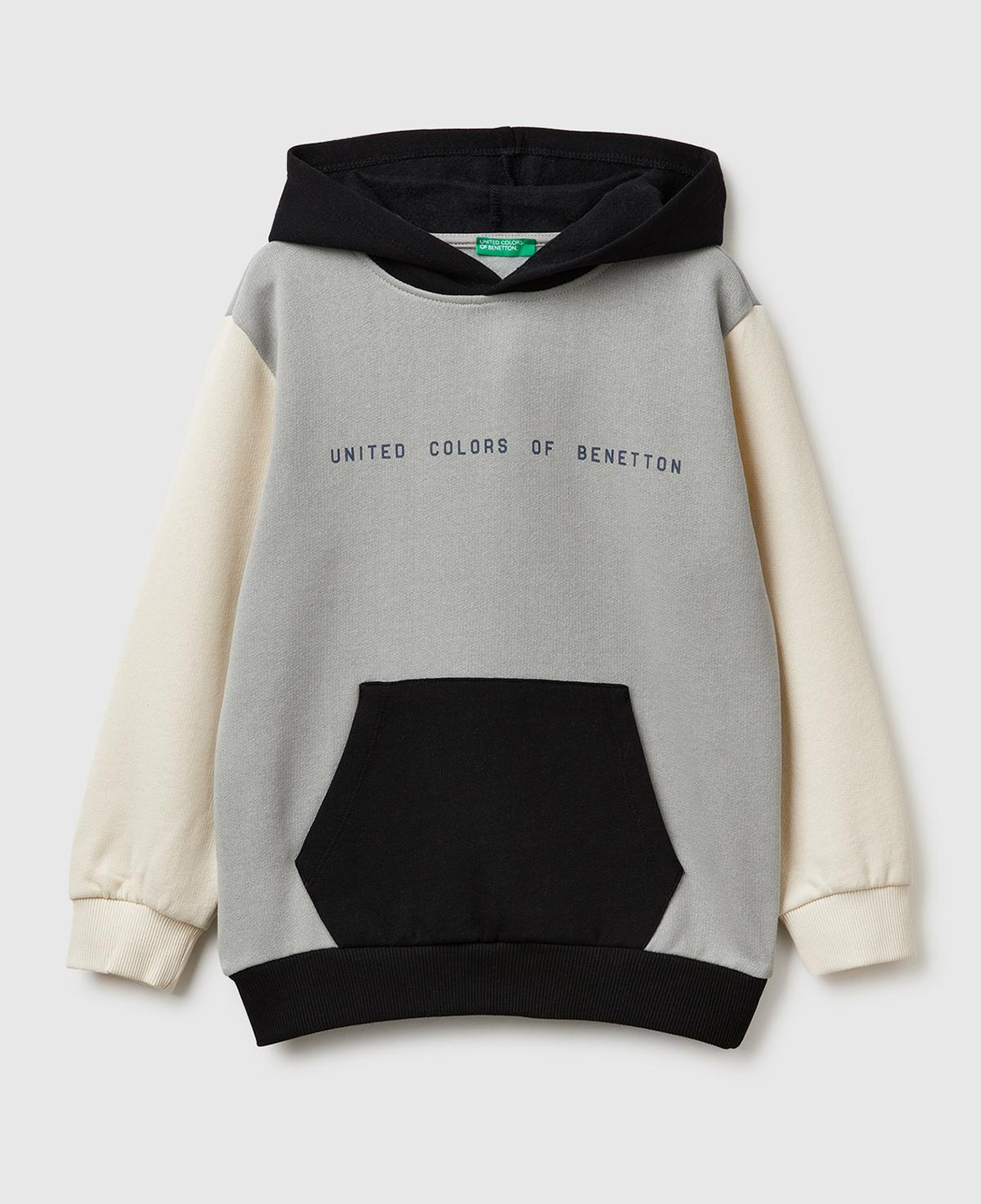 Erkek Çocuk Gri-Krem Önü Logo Baskılı Cepli Nervürlü Kapüşonlu Sweatshirt