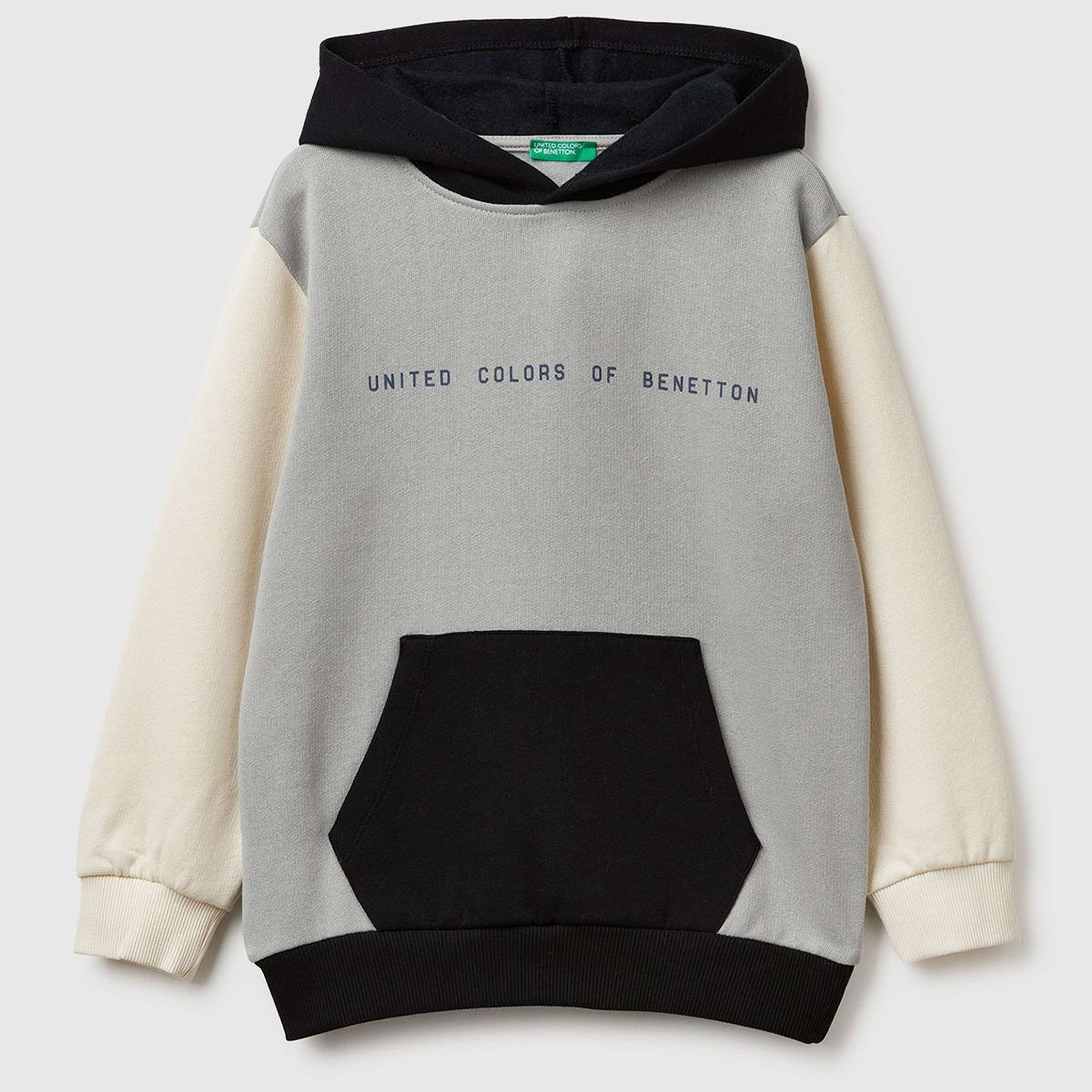 Erkek Çocuk Gri-Krem Önü Logo Baskılı Cepli Nervürlü Kapüşonlu Sweatshirt
