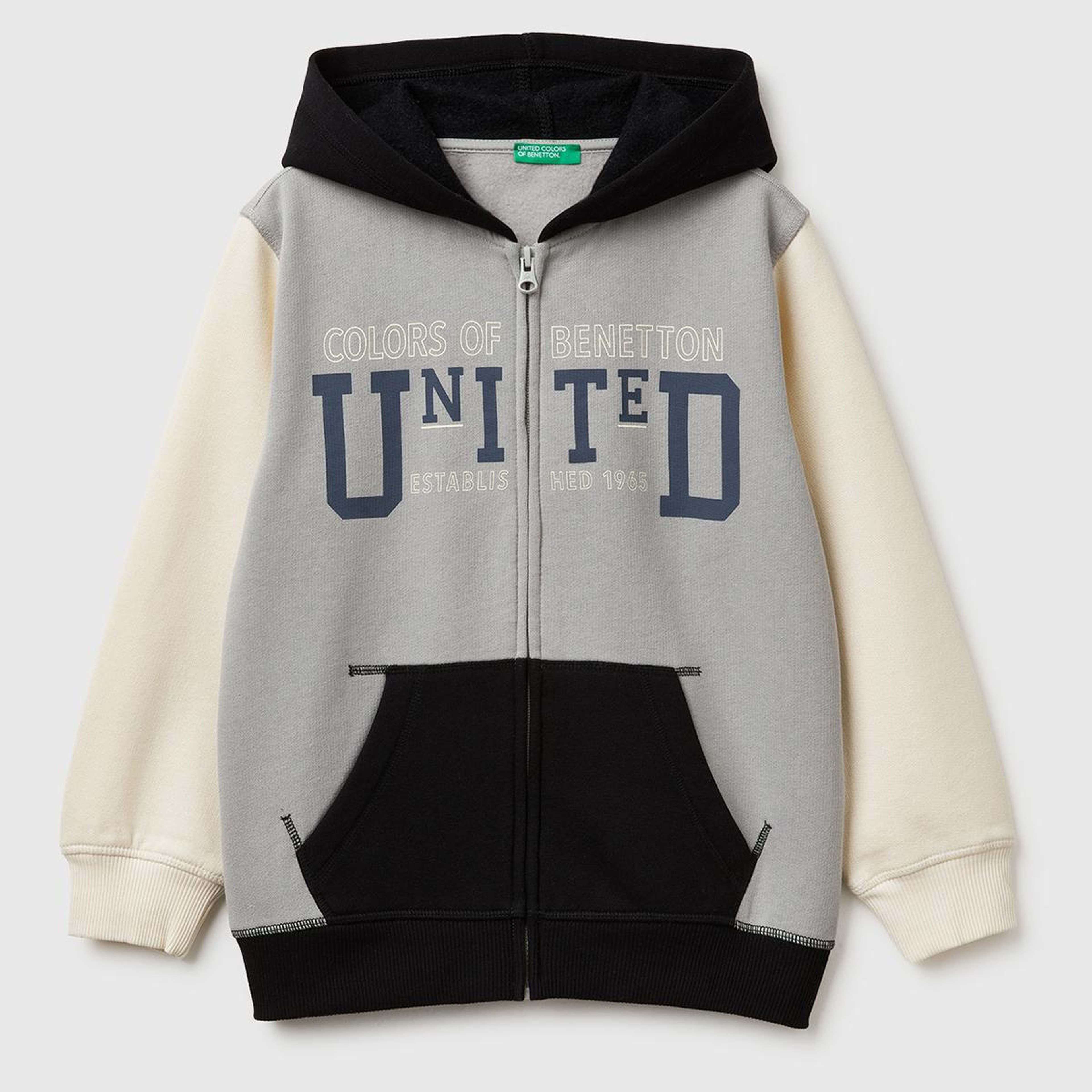Erkek Çocuk Gri-Krem Önü Logo Baskılı Cepli Fermuarlı Şardonlu Sweatshirt