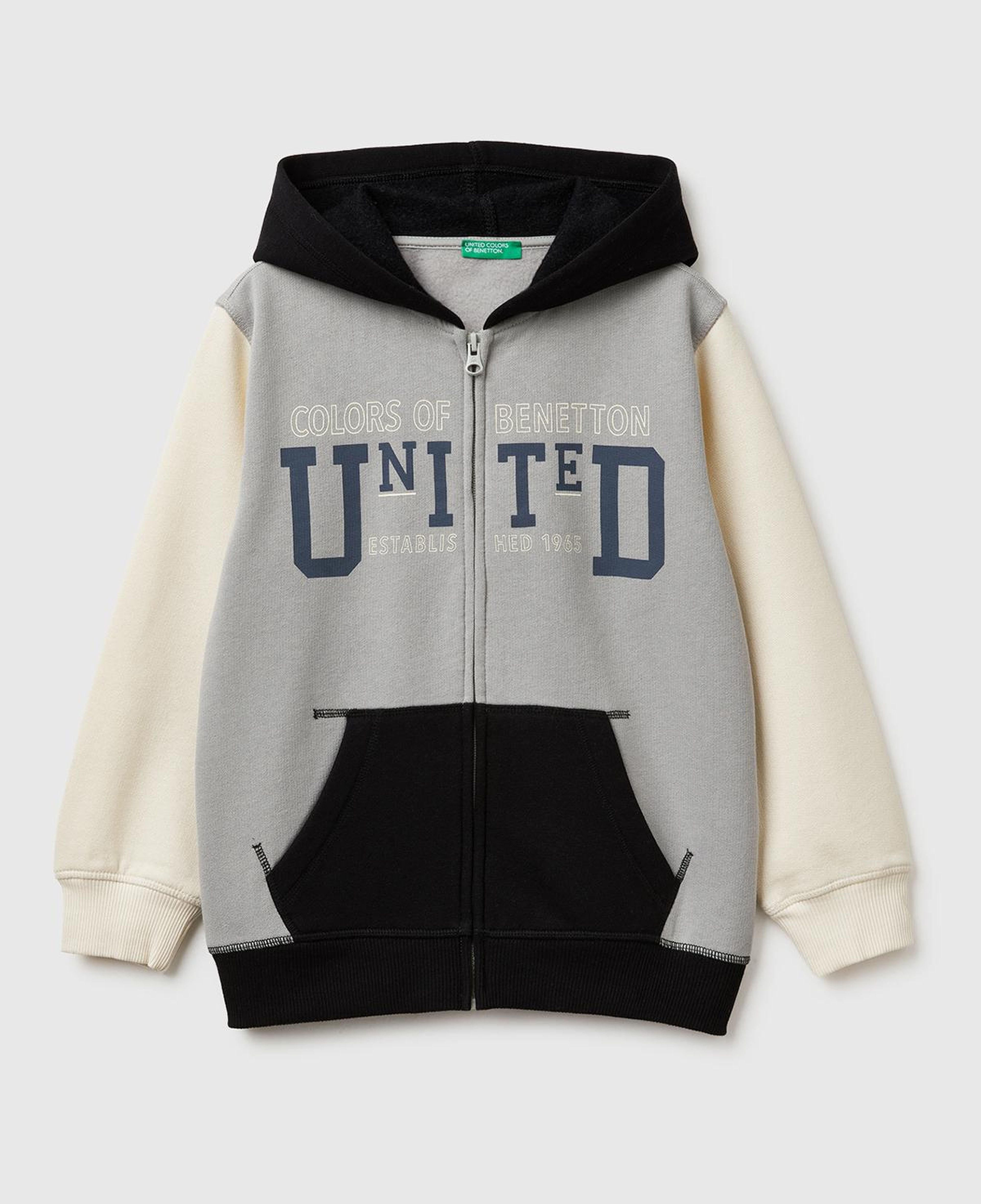 Erkek Çocuk Gri-Krem Önü Logo Baskılı Cepli Fermuarlı Şardonlu Sweatshirt