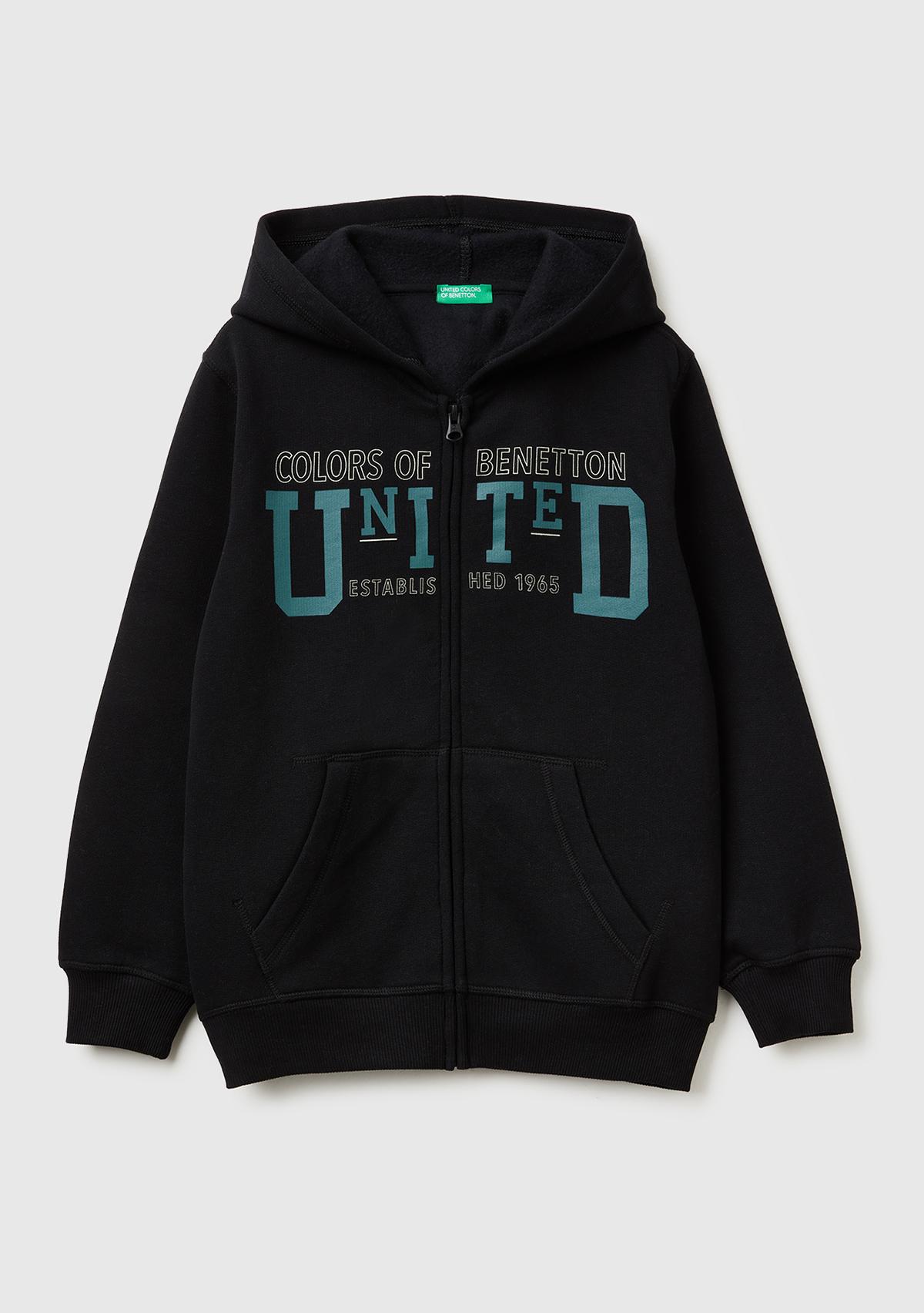 Erkek Çocuk Siyah Önü Logo Baskılı Cepli Fermuarlı Şardonlu Sweatshirt