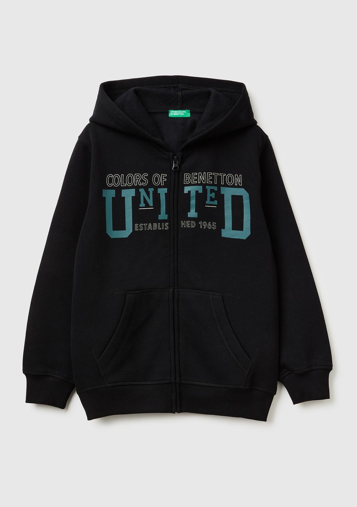 Erkek Çocuk Siyah Önü Logo Baskılı Cepli Fermuarlı Şardonlu Sweatshirt
