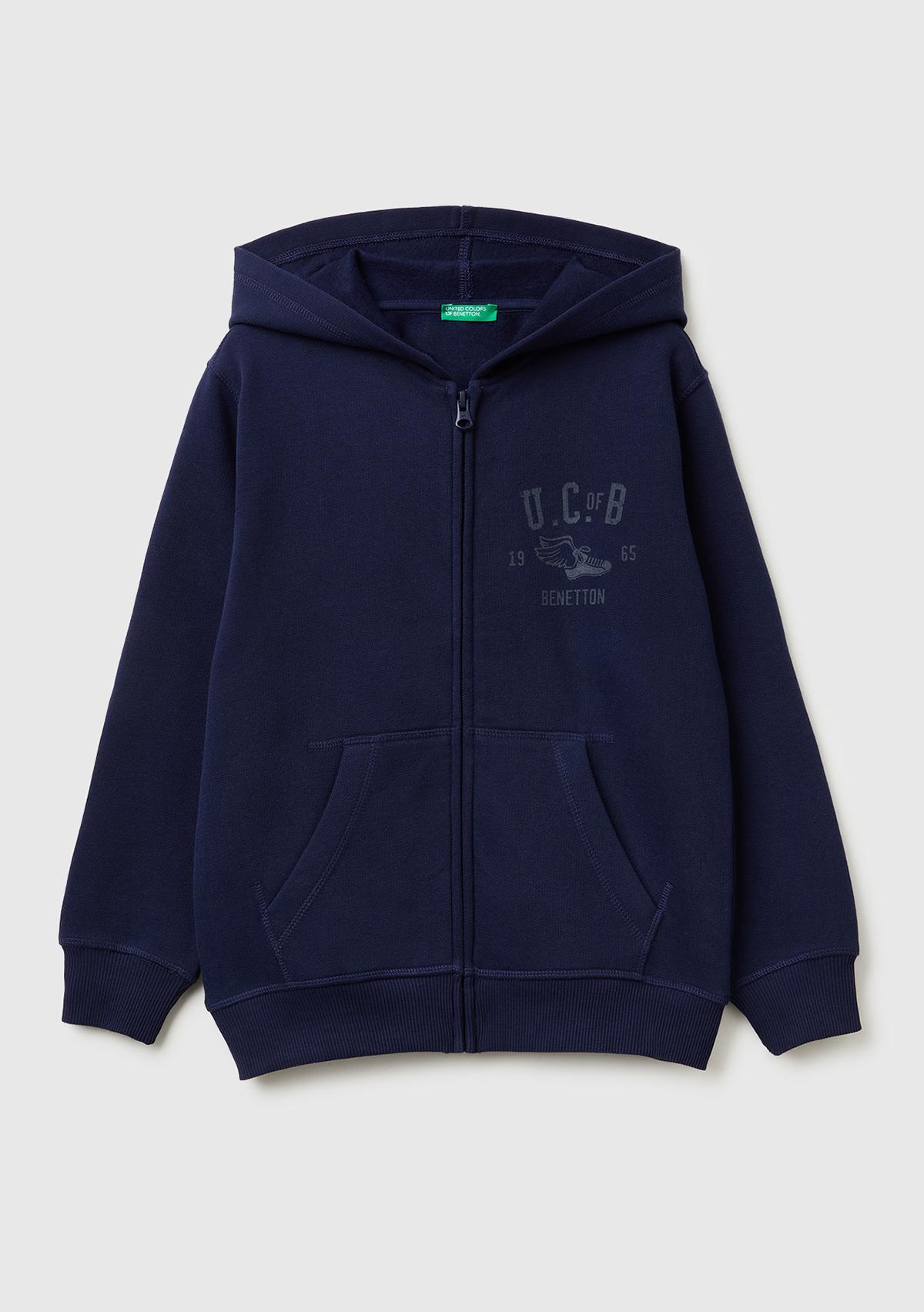 Erkek Çocuk Lacivert Önü Logo Baskılı Cepli Fermuarlı Şardonlu Sweatshirt