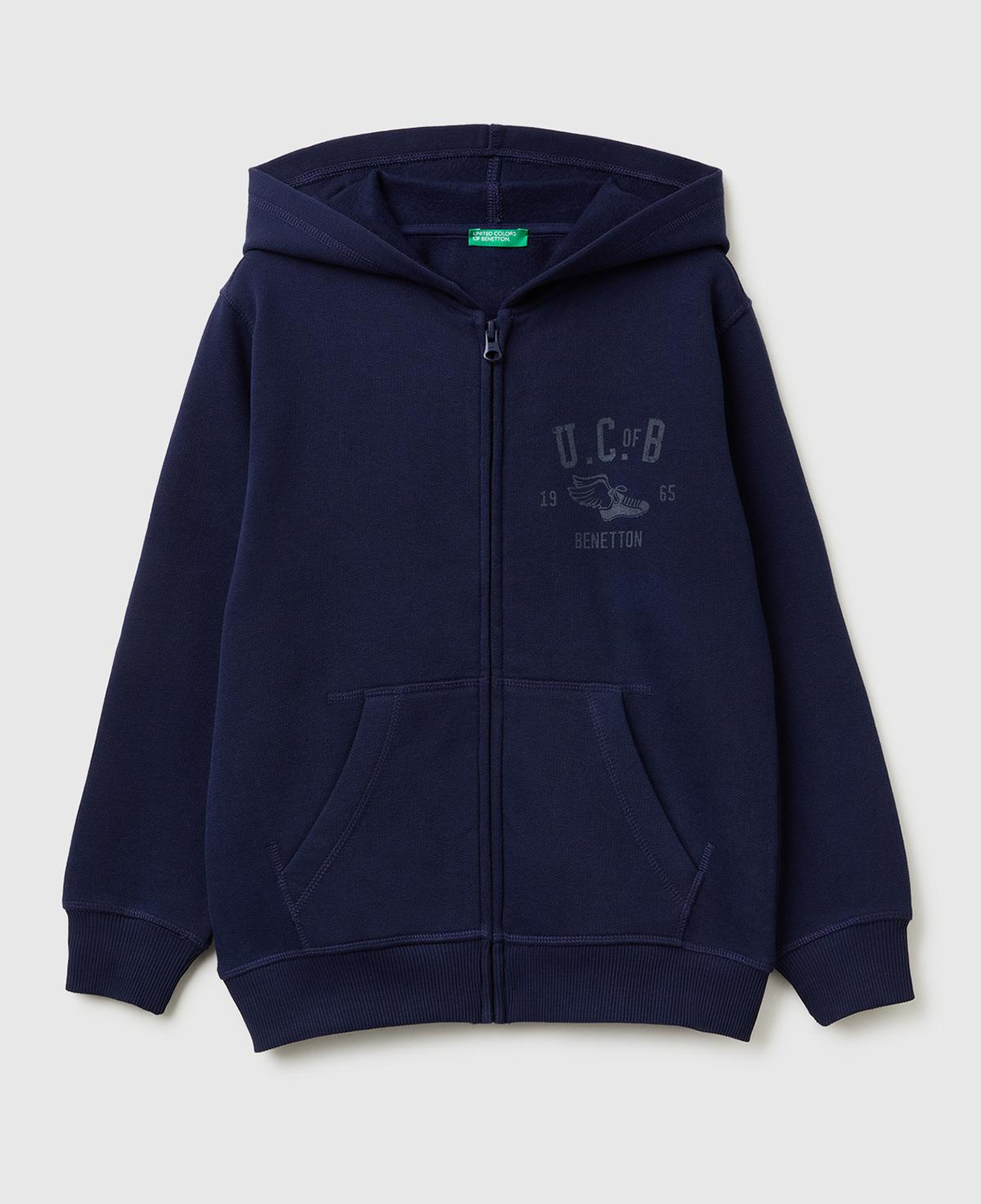 Erkek Çocuk Lacivert Önü Logo Baskılı Cepli Fermuarlı Şardonlu Sweatshirt