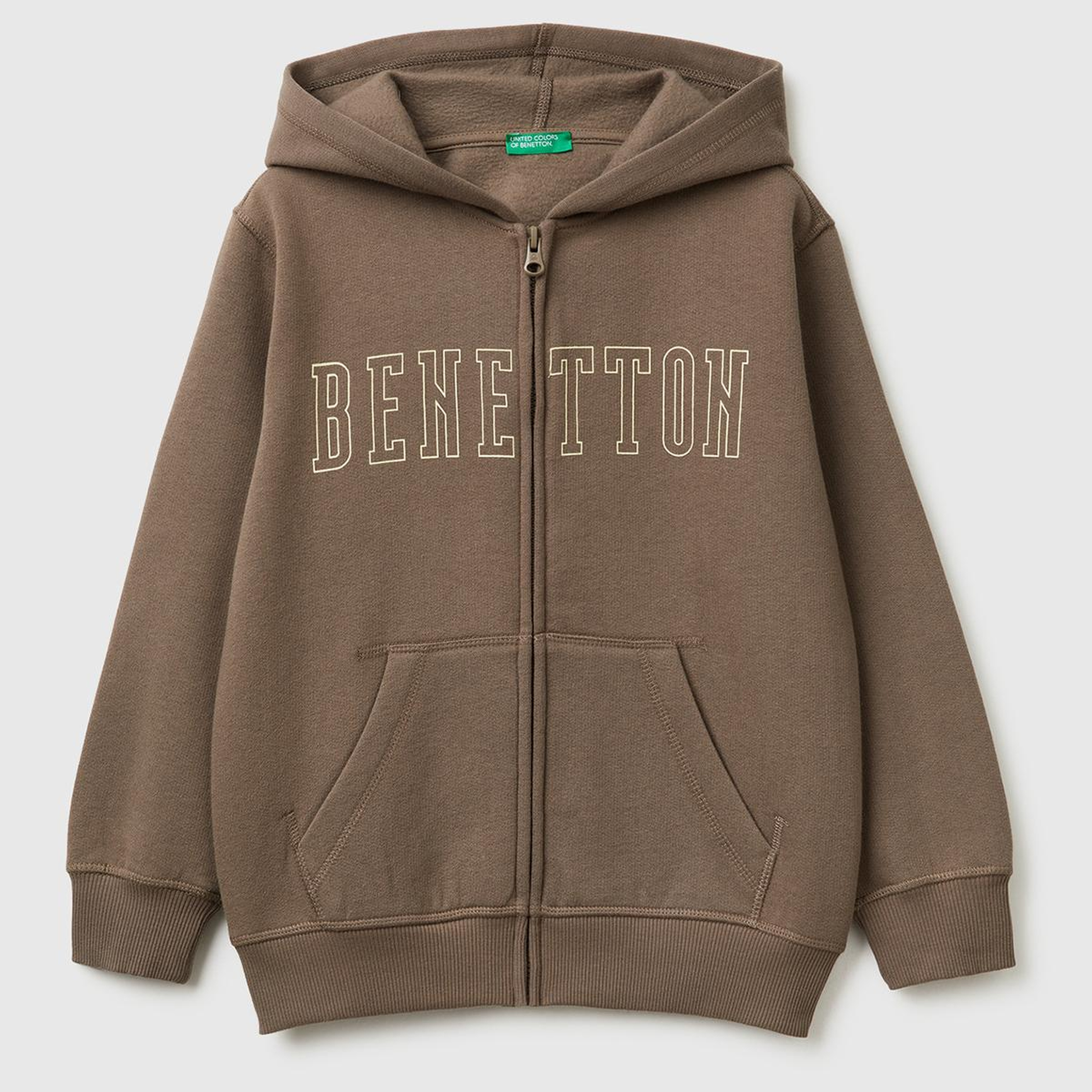 Erkek Çocuk Haki Kahve Önü Logo Baskılı Cepli Fermuarlı Şardonlu Sweatshirt