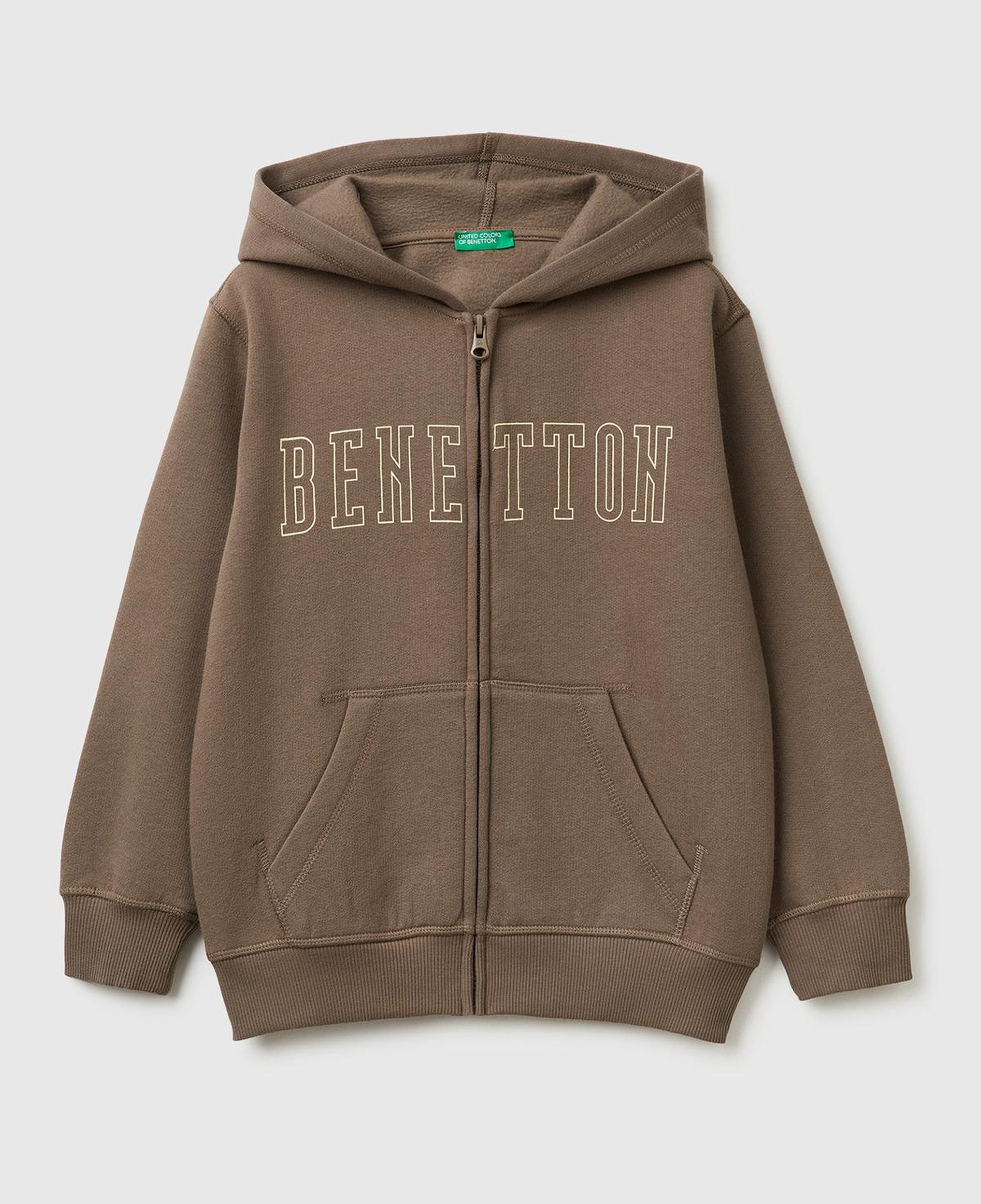 Erkek Çocuk Haki Kahve Önü Logo Baskılı Cepli Fermuarlı Şardonlu Sweatshirt