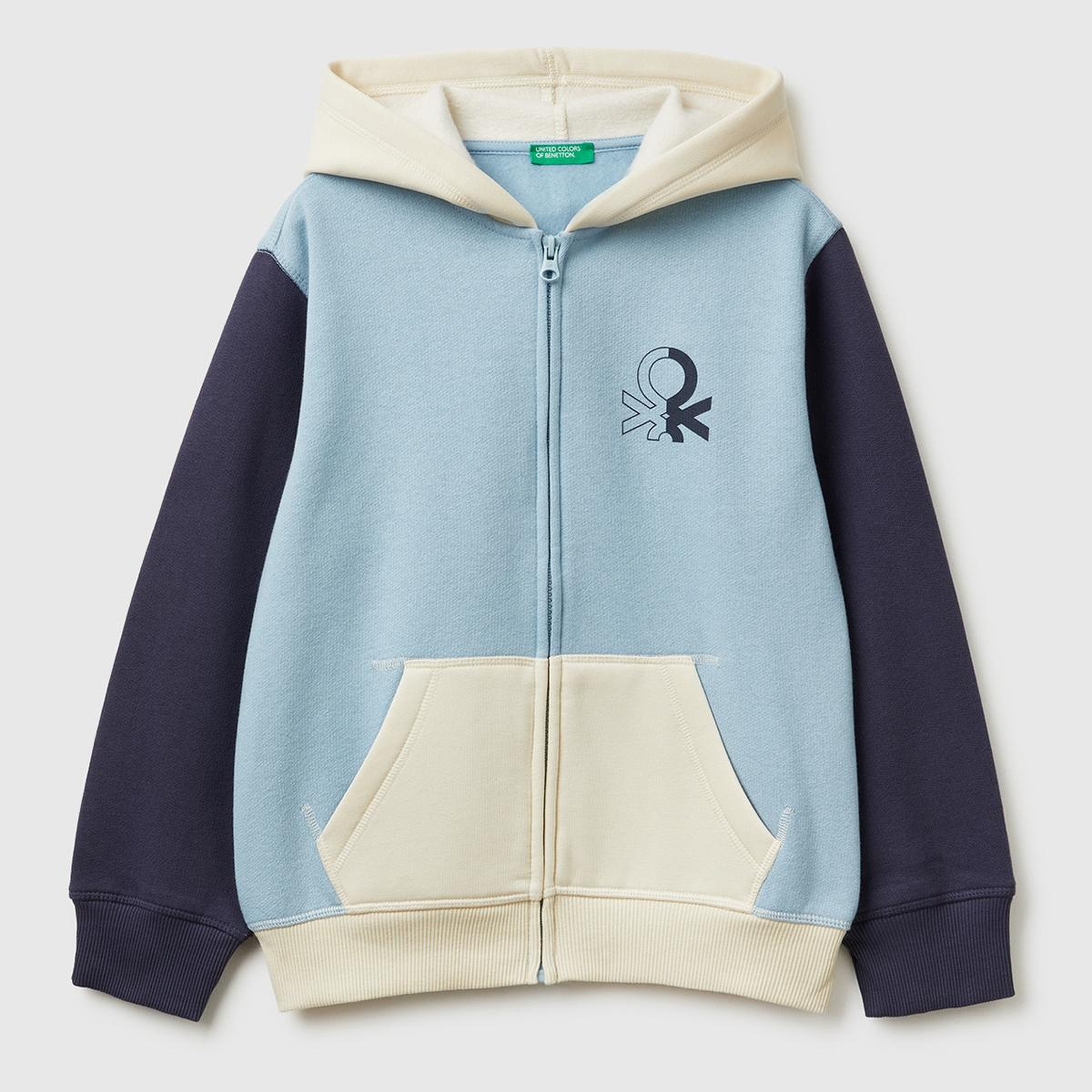 Erkek Çocuk Mavi-Krem Önü Logo Baskılı Cepli Fermuarlı Şardonlu Sweatshirt