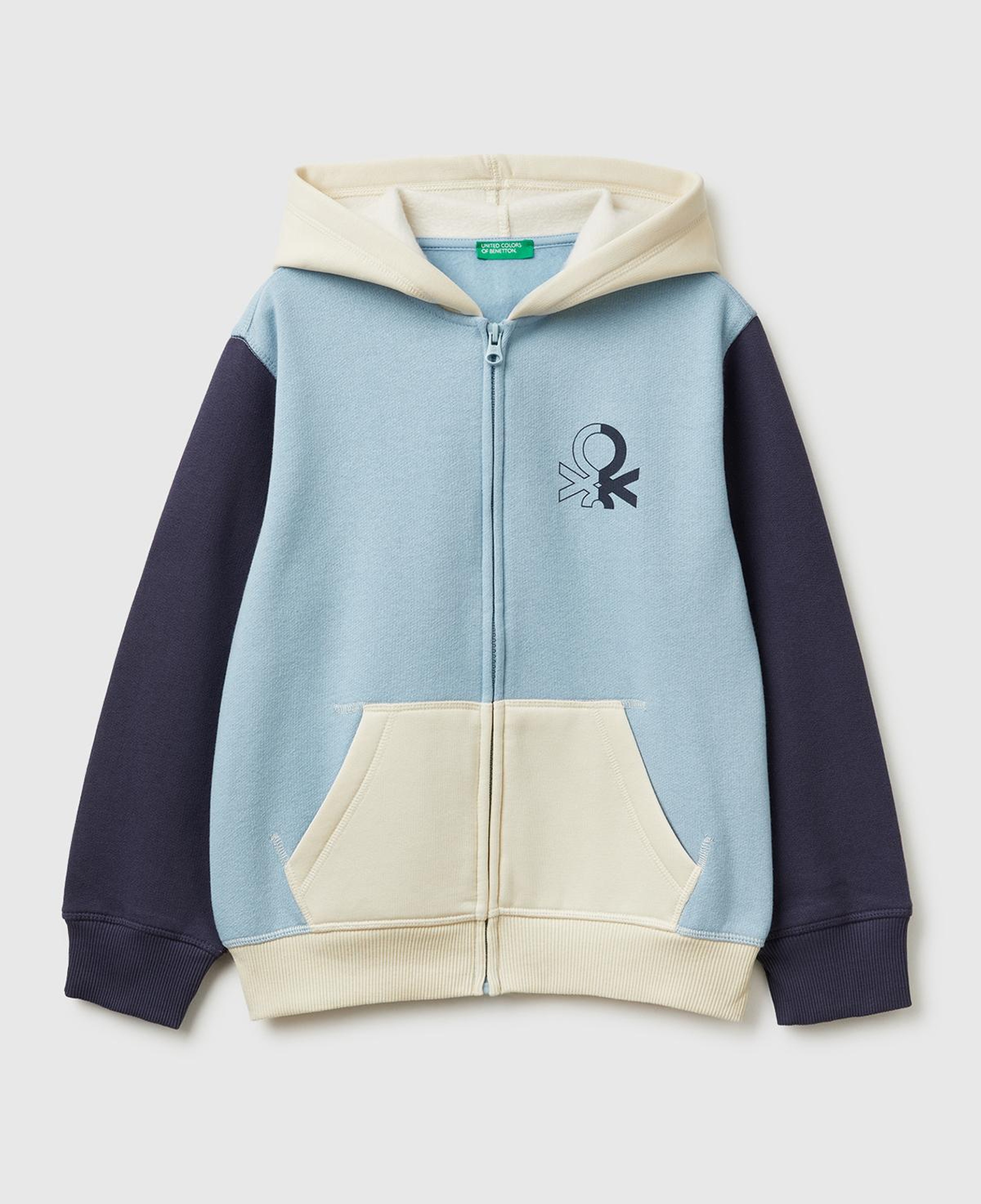 Erkek Çocuk Mavi-Krem Önü Logo Baskılı Cepli Fermuarlı Şardonlu Sweatshirt