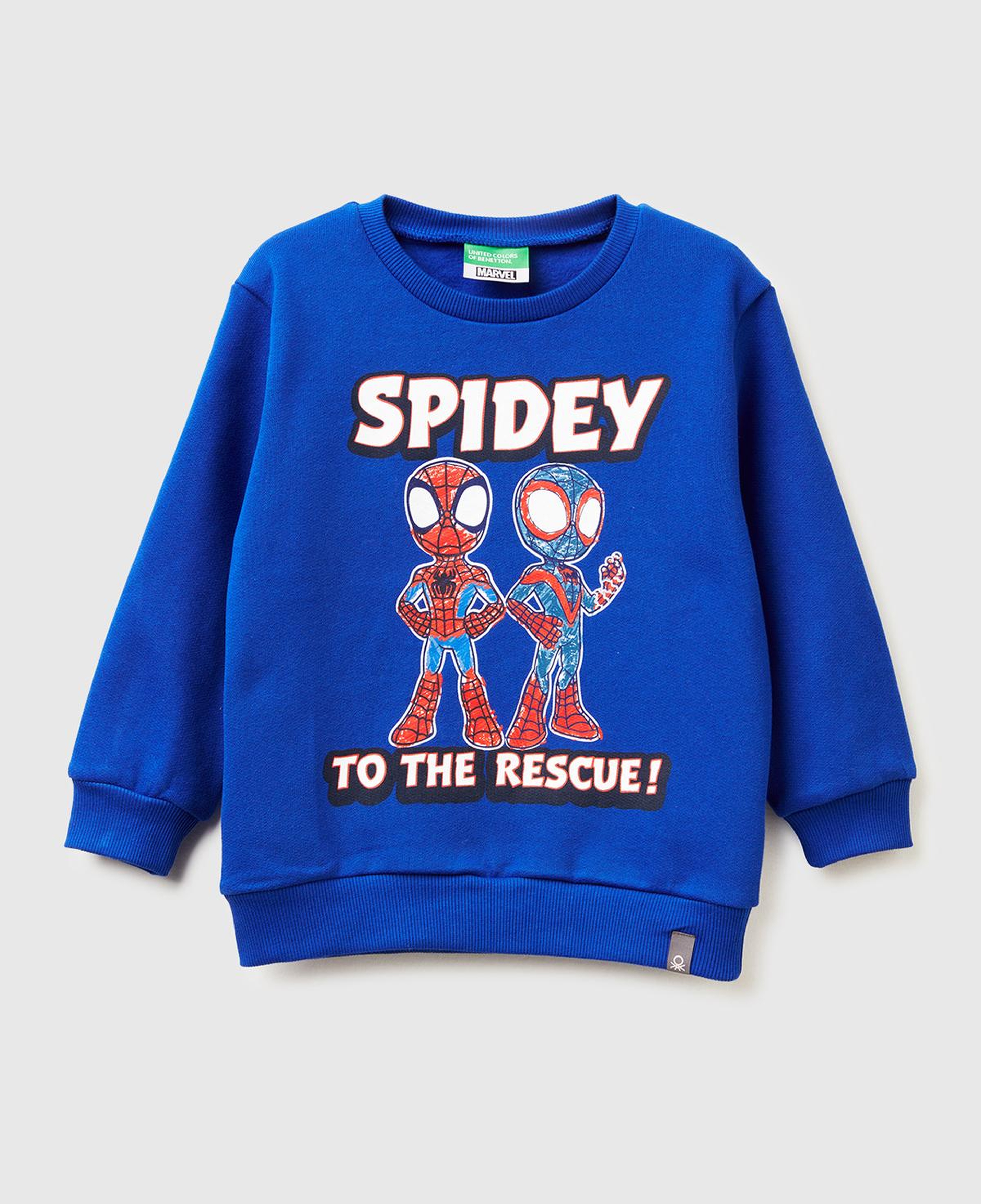Erkek Çocuk Saks Mavisi Spiderman Baskılı Logo Etiketli Kabartmalı  Nervürlü Sweatshirt