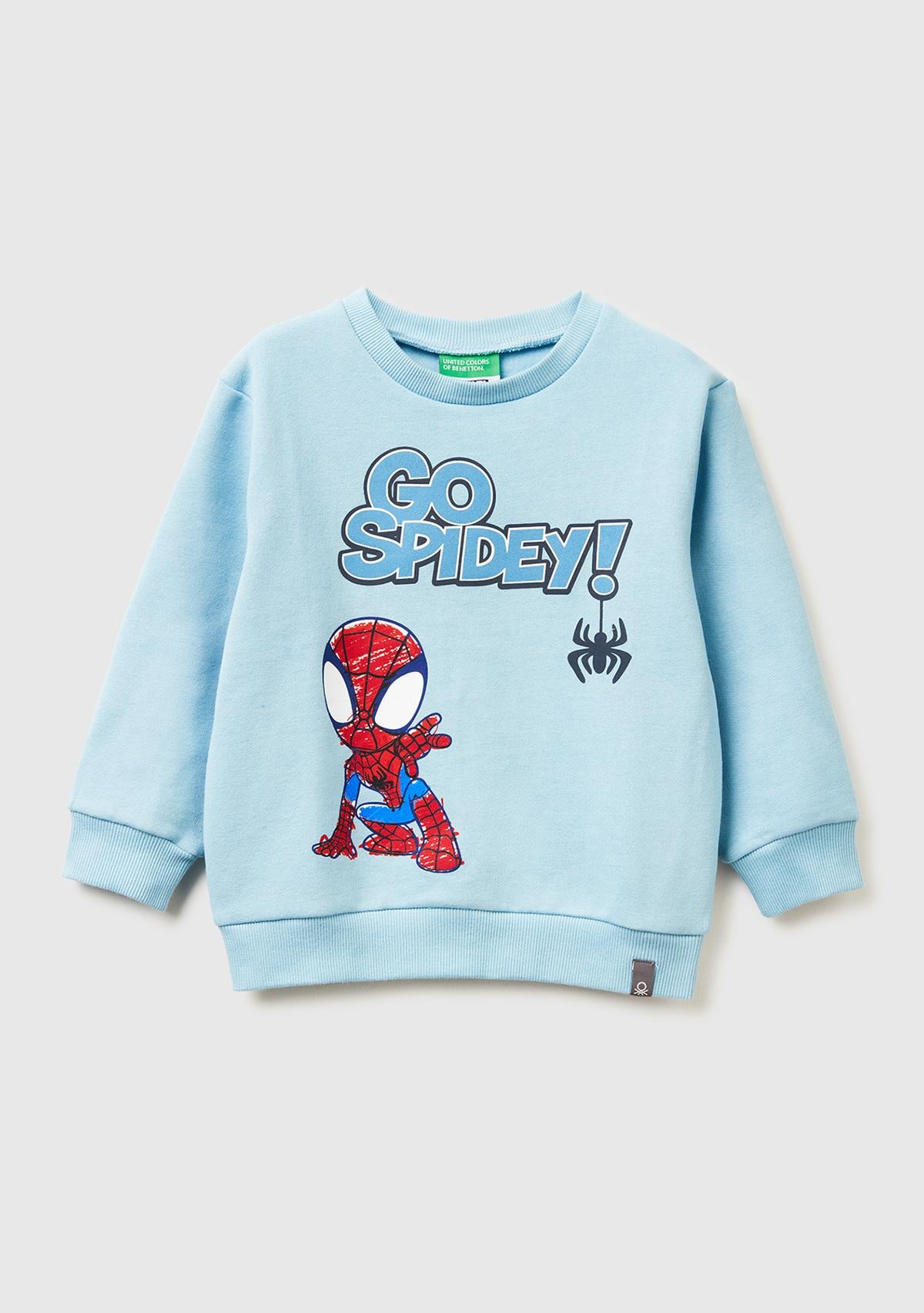 Erkek Çocuk Açık Mavi Spiderman Baskılı Logo Etiketli Kabartmalı Nervürlü Sweatshirt