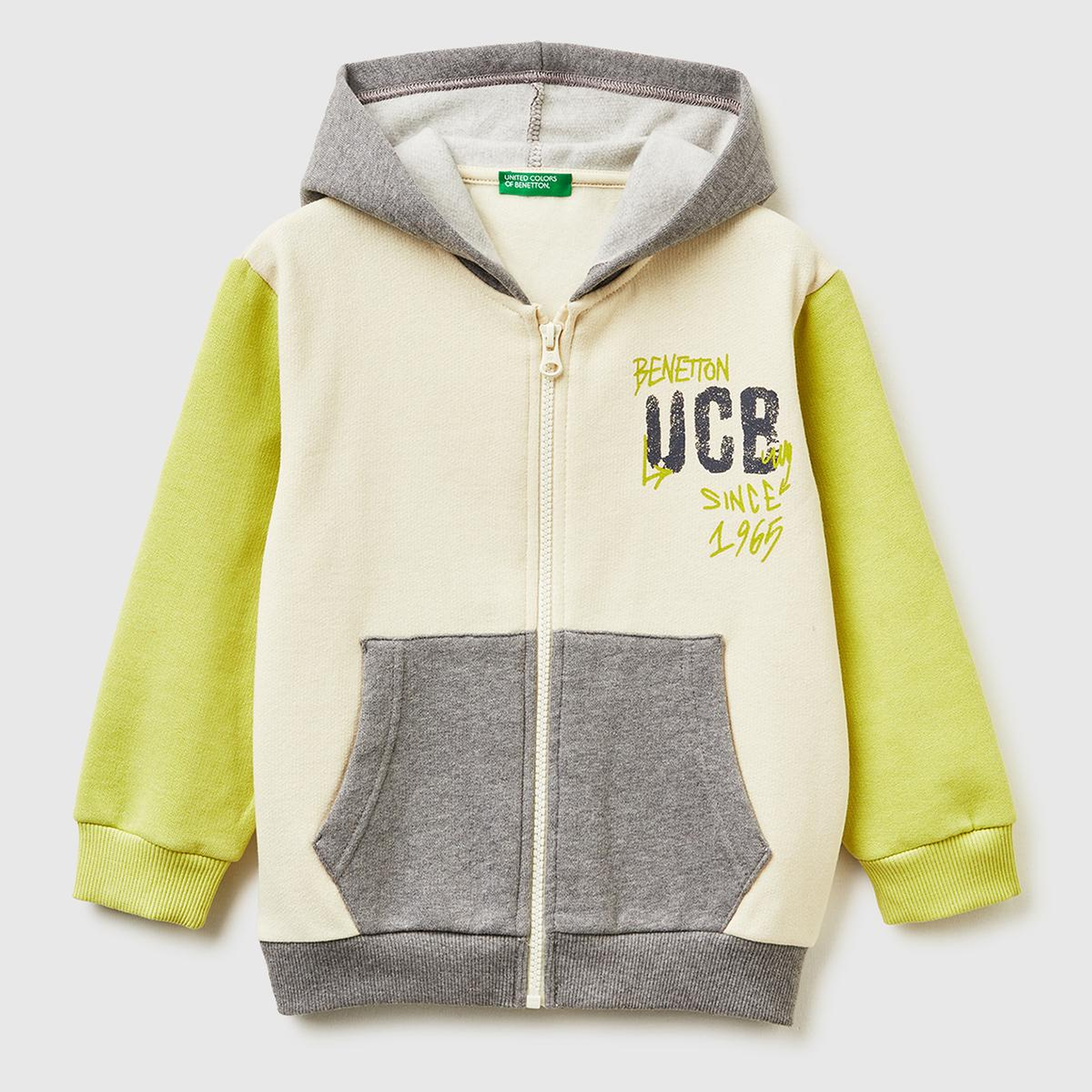 Erkek Çocuk Hardal-Ekru Önü Logo Baskılı Fermuarlı Regular Fit Kapüşonlu Sweatshirt