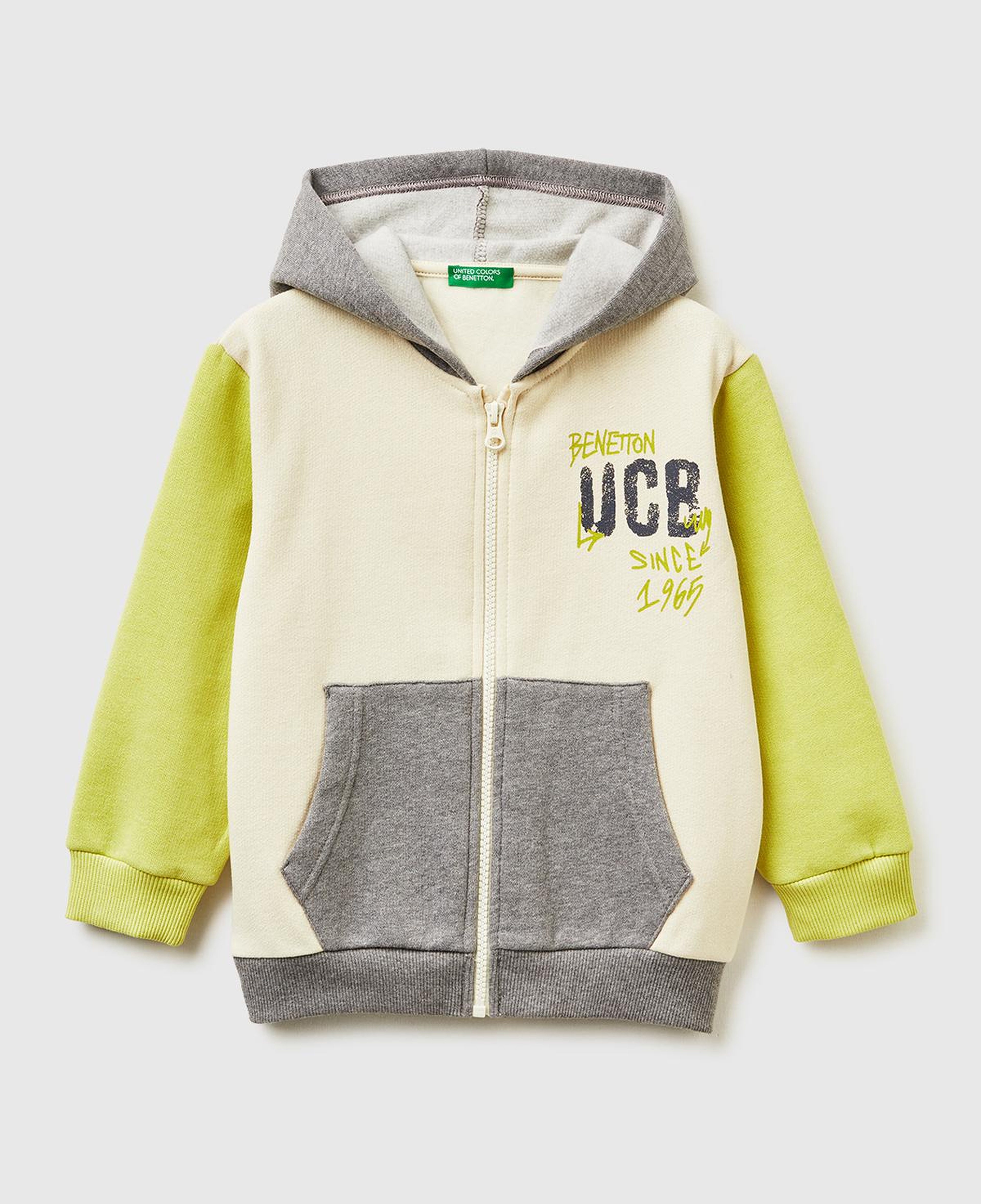 Erkek Çocuk Hardal-Ekru Önü Logo Baskılı Fermuarlı Regular Fit Kapüşonlu Sweatshirt