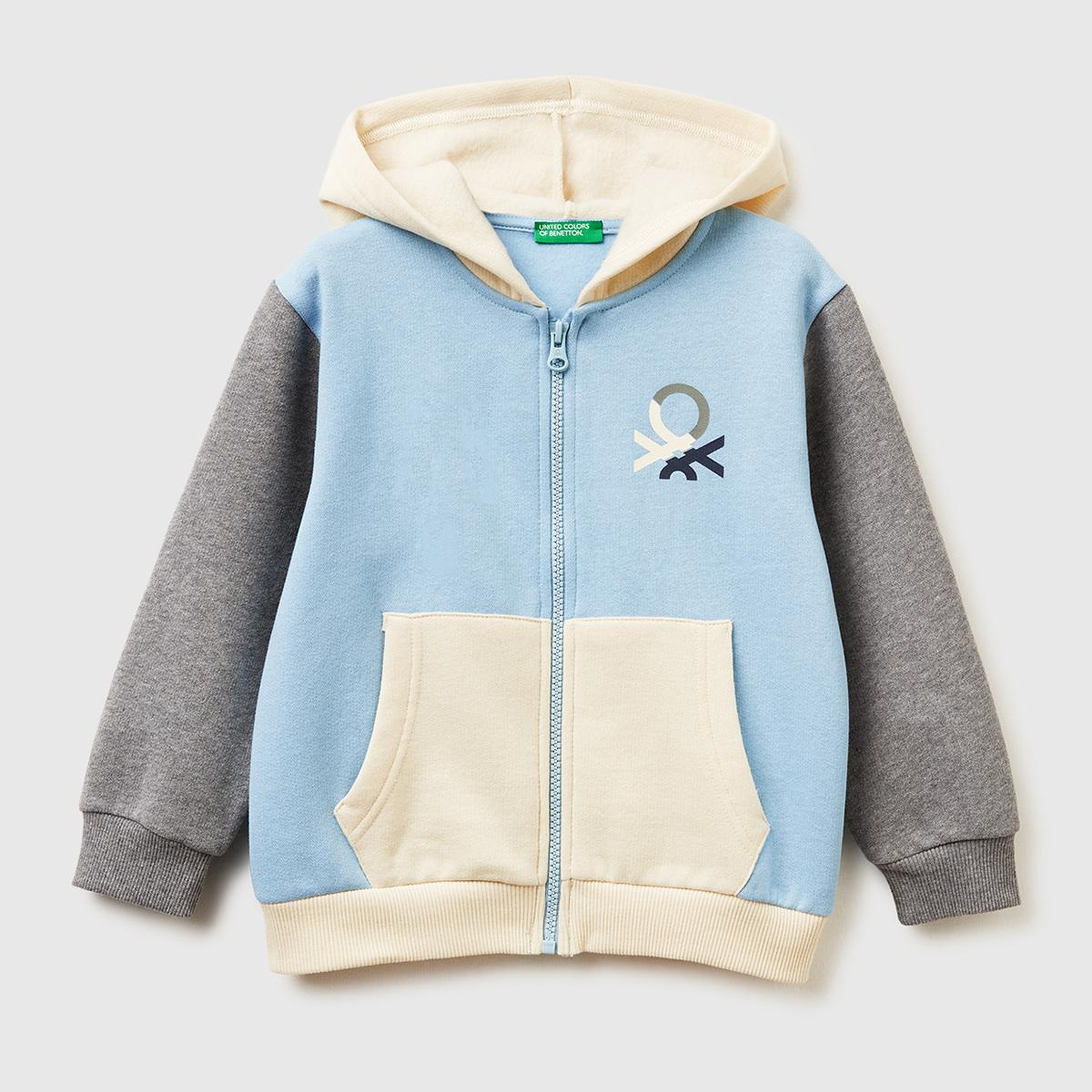 Erkek Çocuk Mavi-Krem Önü Logo Baskılı Fermuarlı Regular Fit Kapüşonlu Sweatshirt