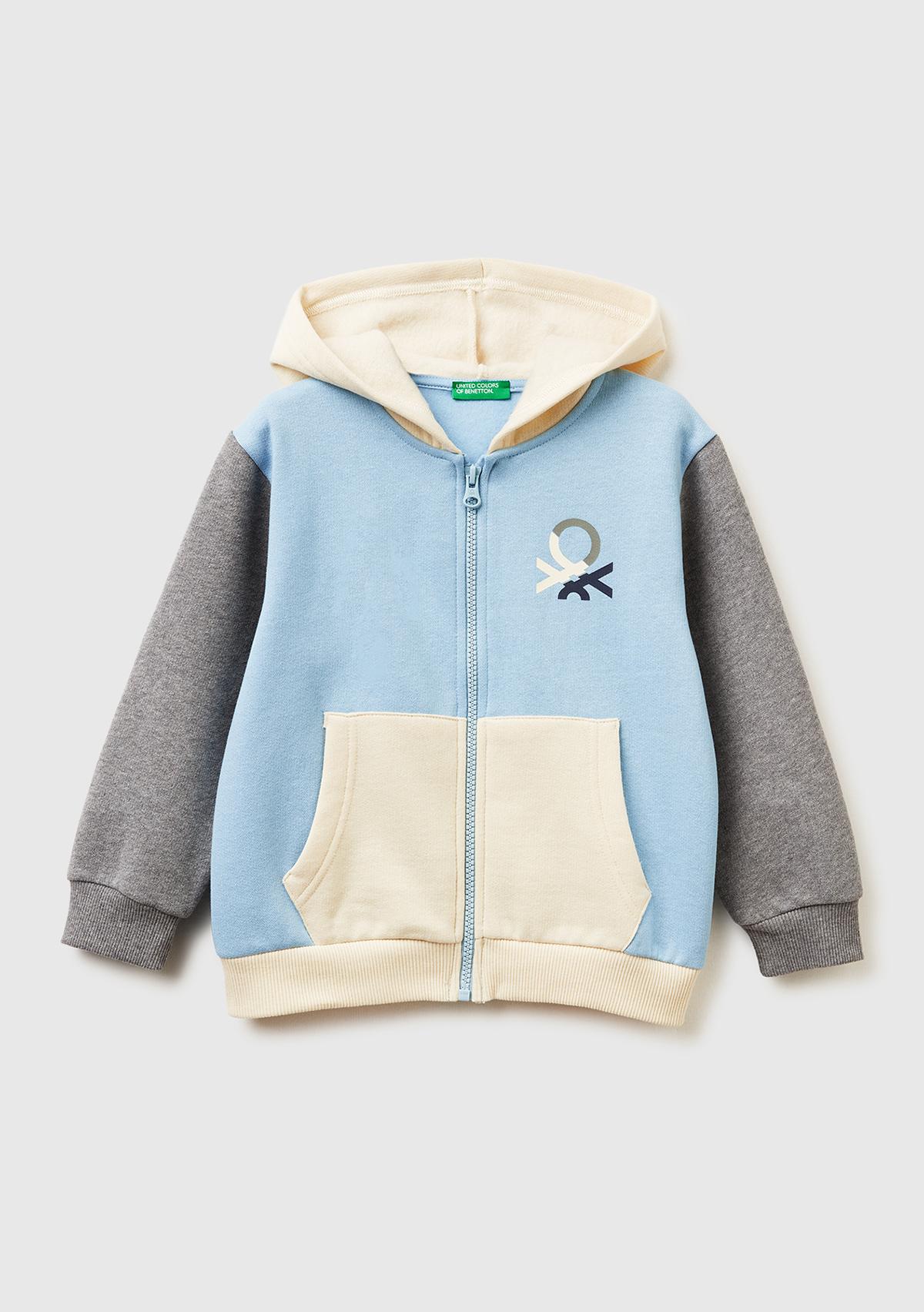 Erkek Çocuk Mavi-Krem Önü Logo Baskılı Fermuarlı Regular Fit Kapüşonlu Sweatshirt