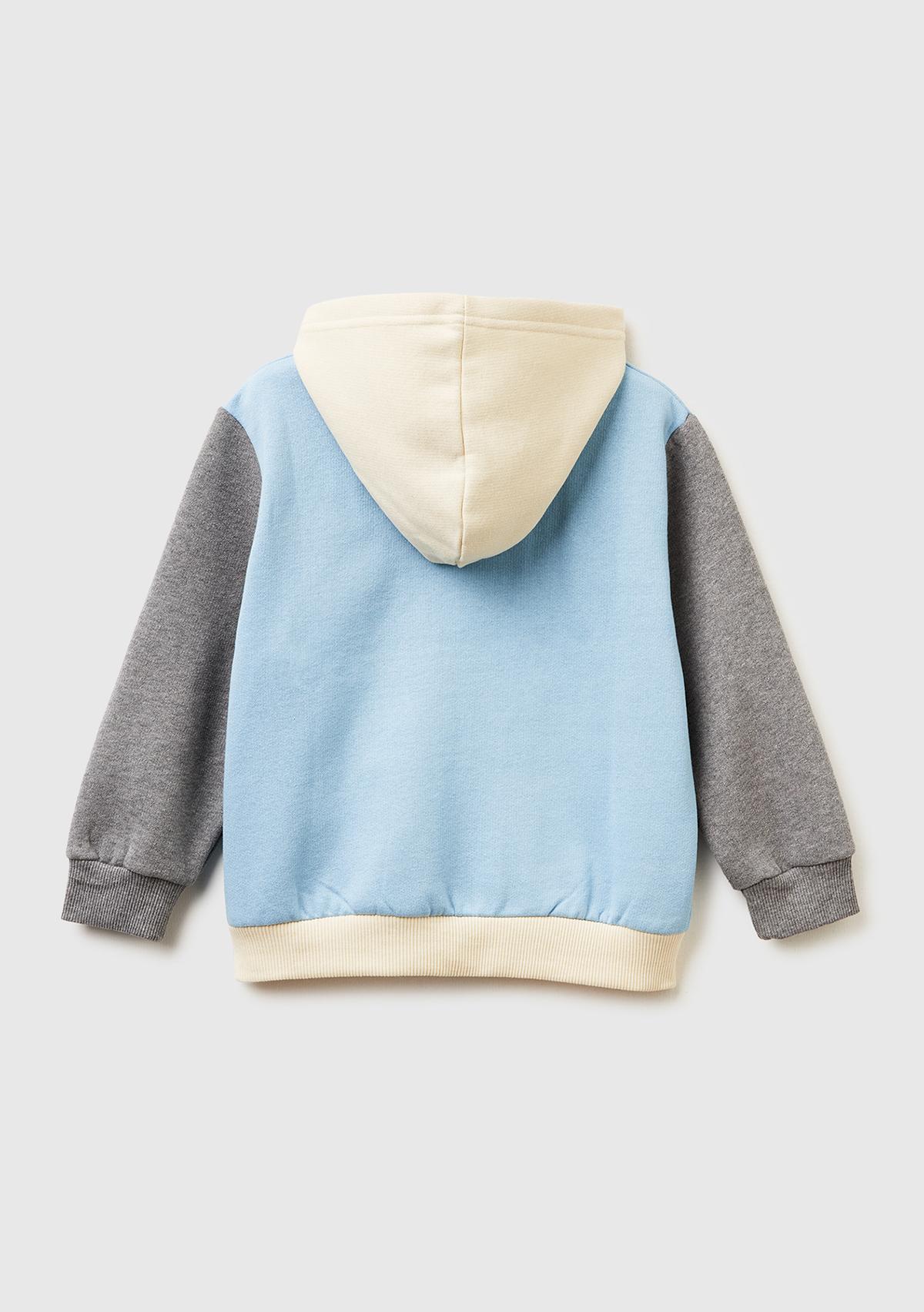 Erkek Çocuk Mavi-Krem Önü Logo Baskılı Fermuarlı Regular Fit Kapüşonlu Sweatshirt