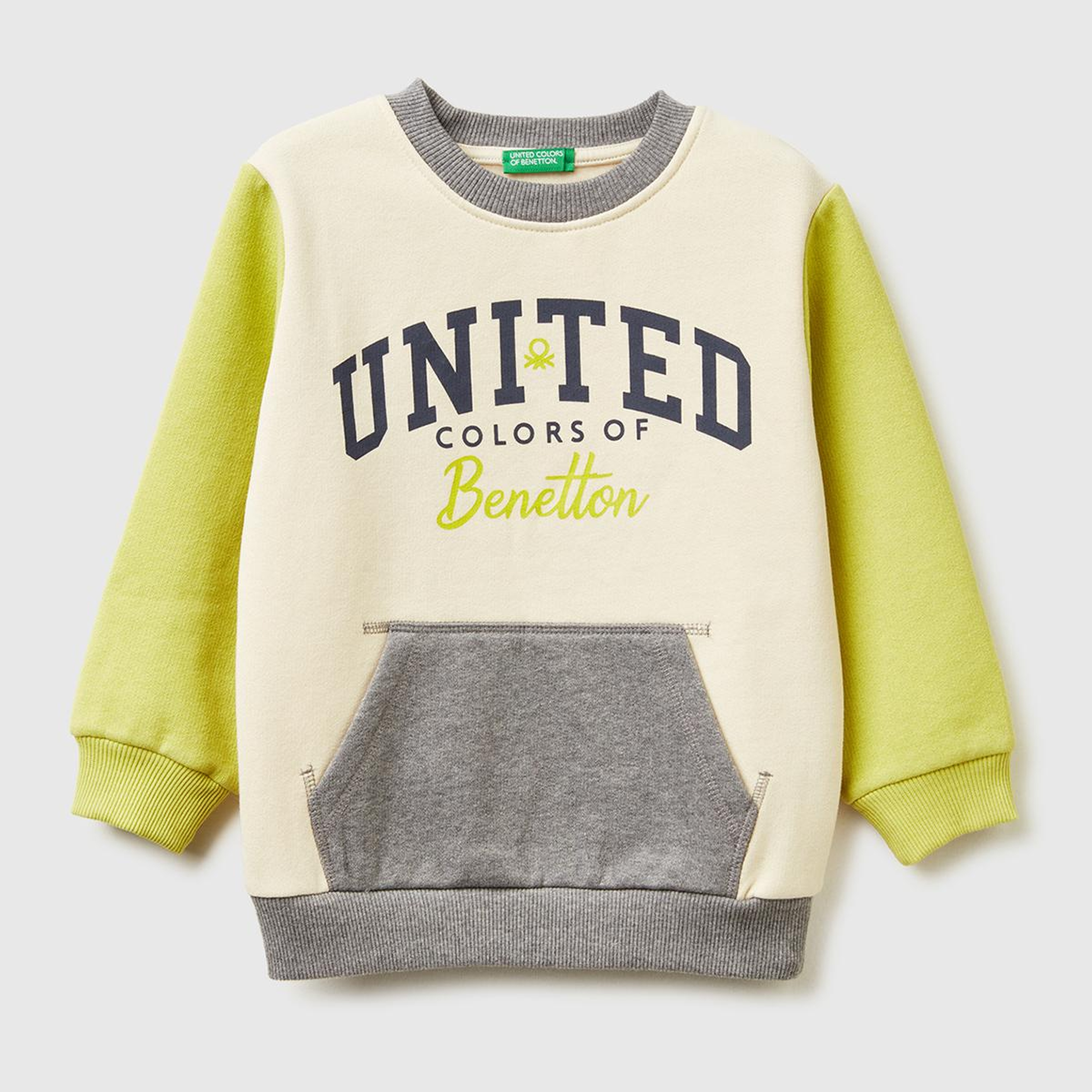 Erkek Çocuk Hardal-Ekru Önü Logo Baskılı Cepli Bisiklet Yaka Regular Fit Sweatshirt