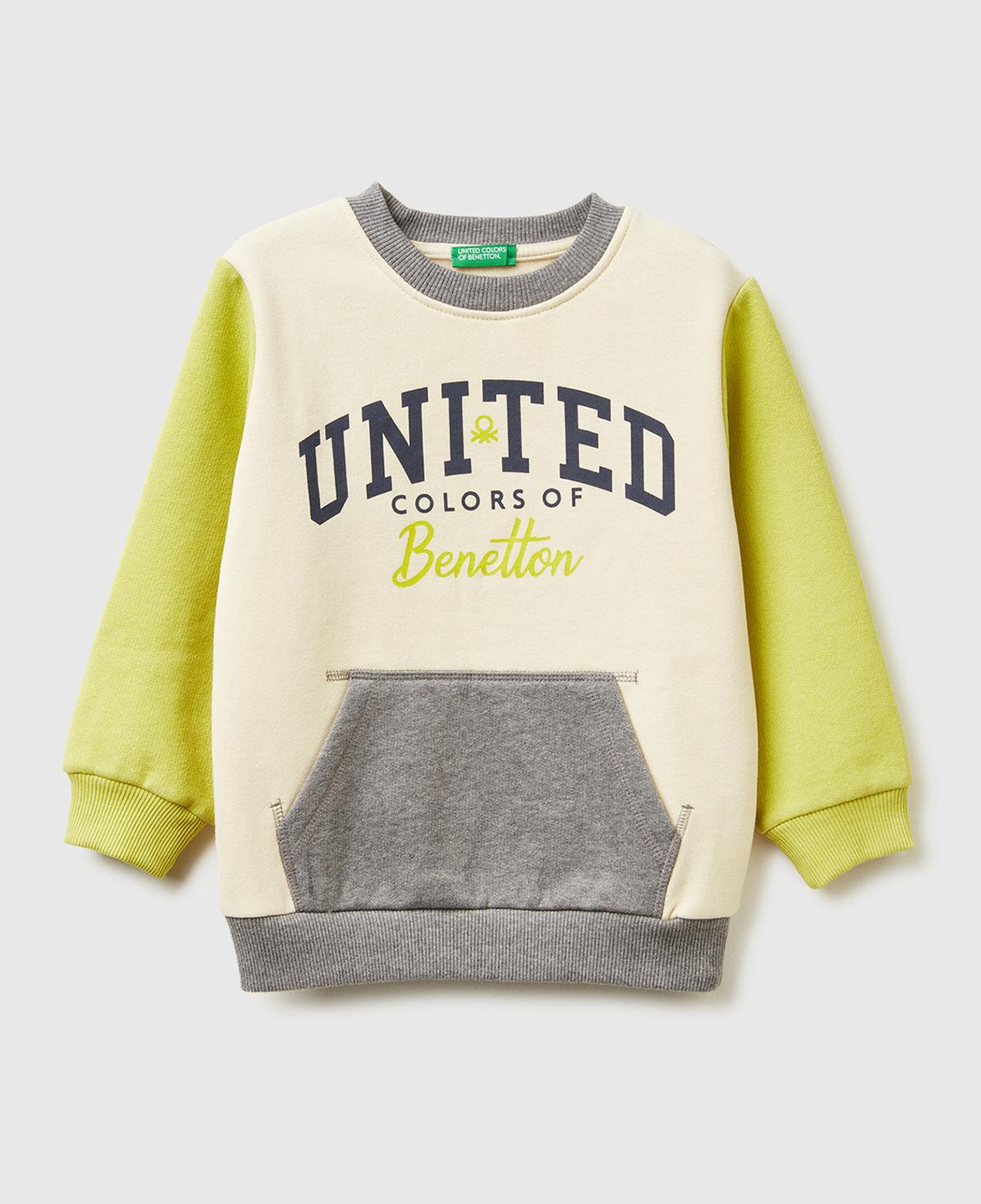Erkek Çocuk Hardal-Ekru Önü Logo Baskılı Cepli Bisiklet Yaka Regular Fit Sweatshirt