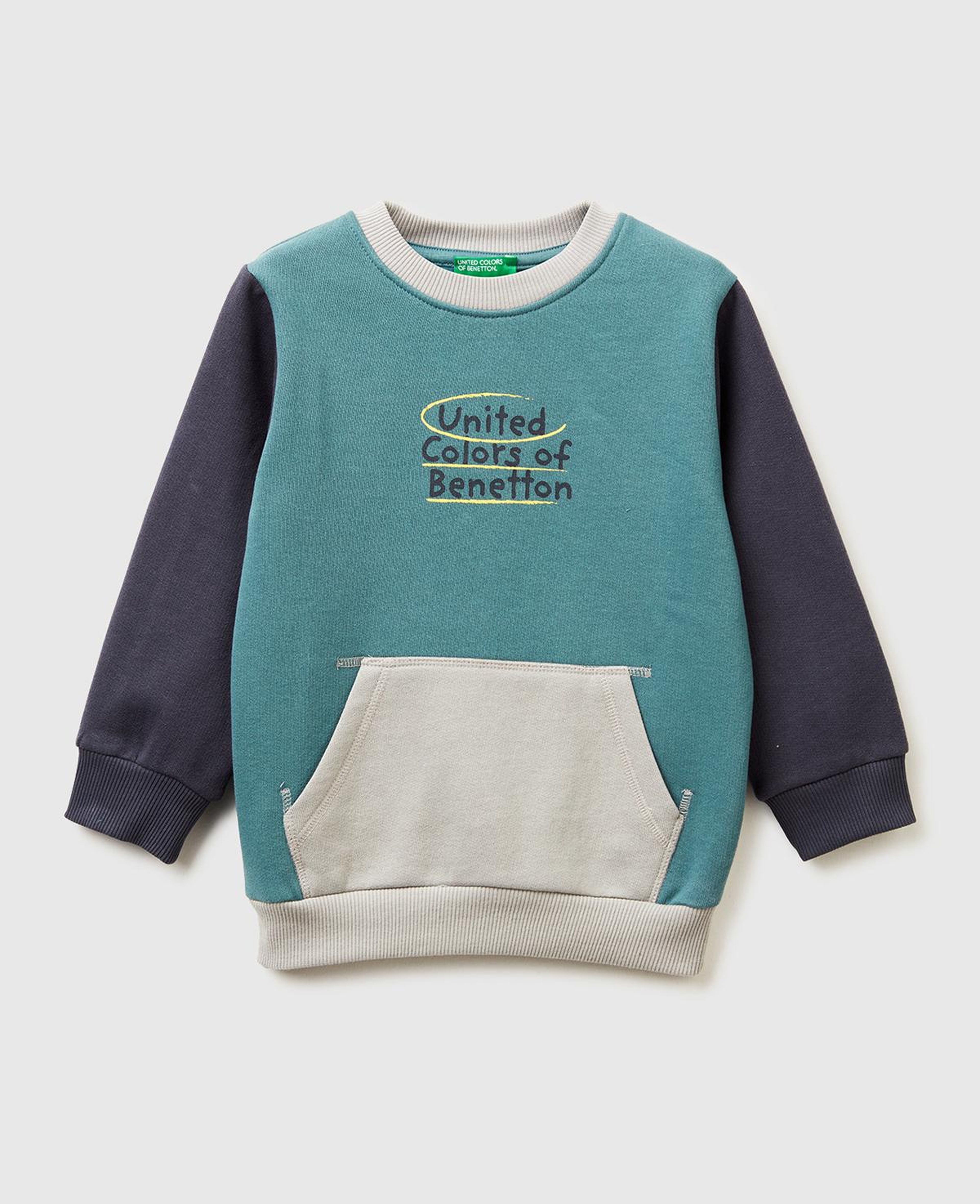 Erkek Çocuk Koyu Yeşil-Gri Önü Logo Baskılı Cepli Bisiklet Yaka Regular Fit Sweatshirt