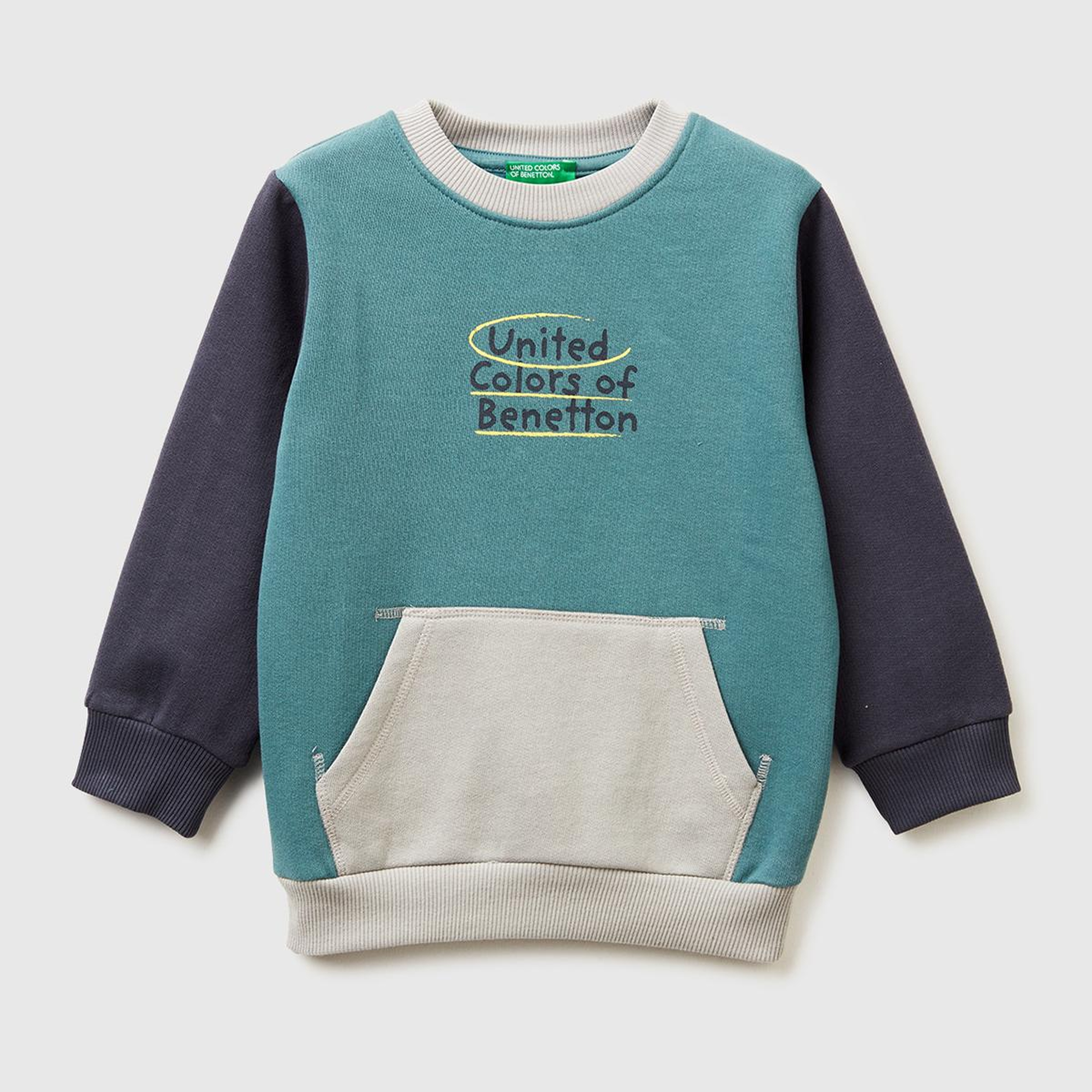 Erkek Çocuk Koyu Yeşil-Gri Önü Logo Baskılı Cepli Bisiklet Yaka Regular Fit Sweatshirt