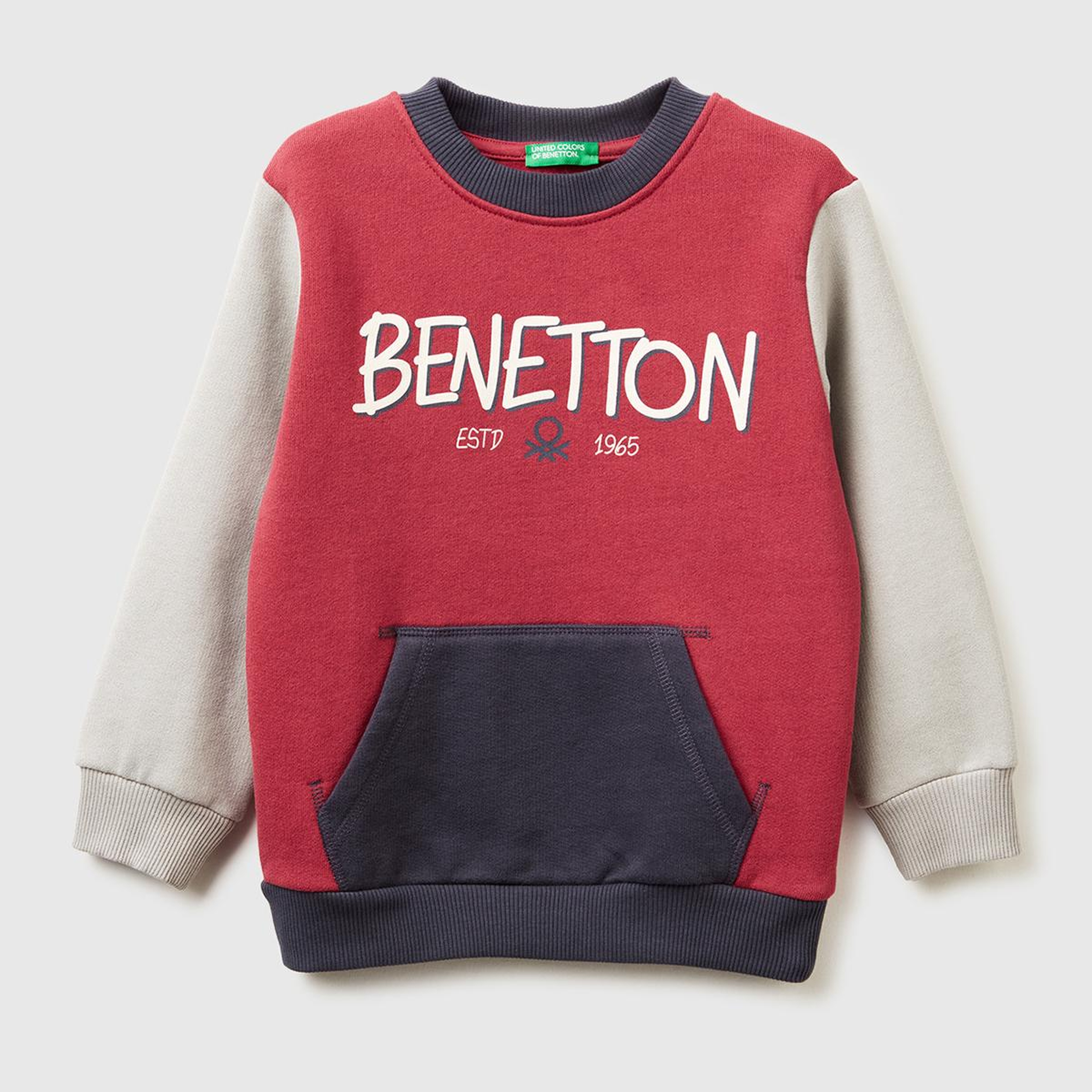 Erkek Çocuk Bordo-Gri Önü Logo Baskılı Cepli Bisiklet Yaka Regular Fit Sweatshirt