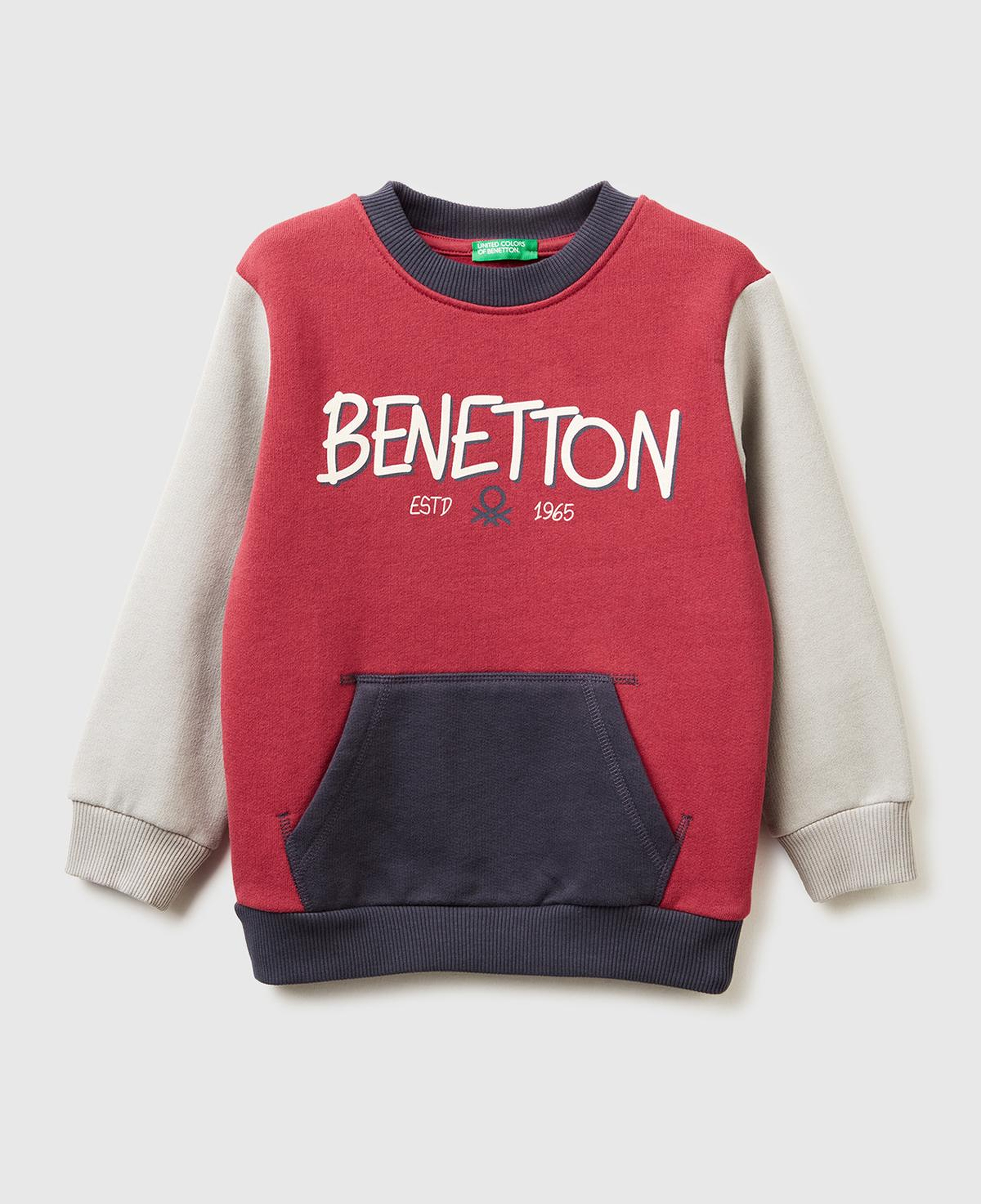 Erkek Çocuk Bordo-Gri Önü Logo Baskılı Cepli Bisiklet Yaka Regular Fit Sweatshirt
