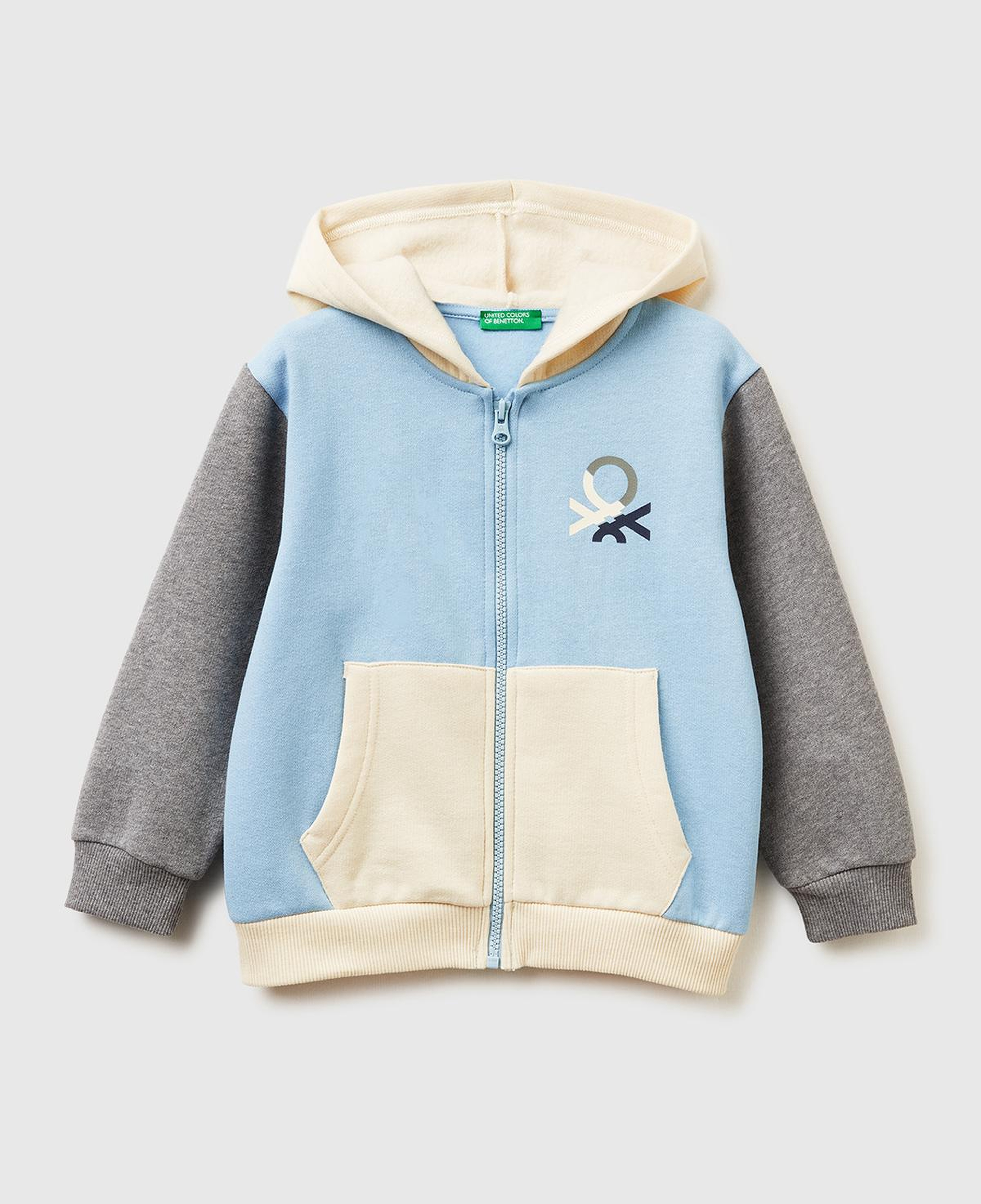 Erkek Çocuk Mavi-Krem Önü Logo Baskılı Fermuarlı Regular Fit Kapüşonlu Sweatshirt